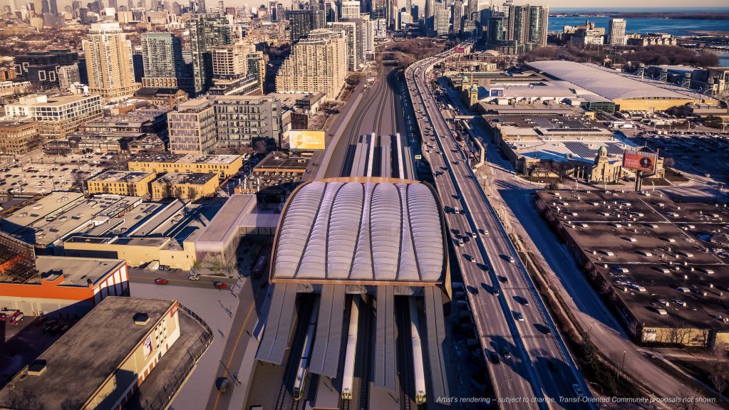 Artist's rendering showing an aerial view of Ontario Lineâ??s Exhibition Station