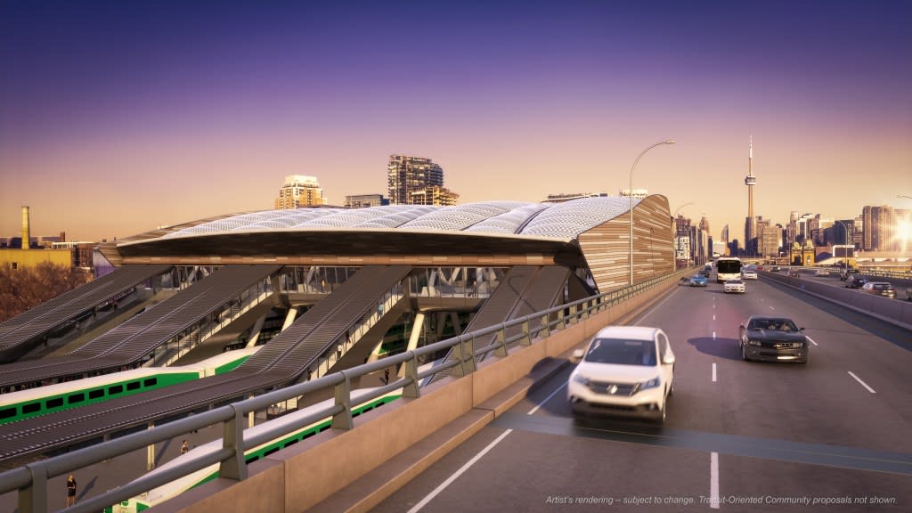 Artist's rendering of Ontario Lineâ??s Exhibition Station, with the Gardiner traffic passing by