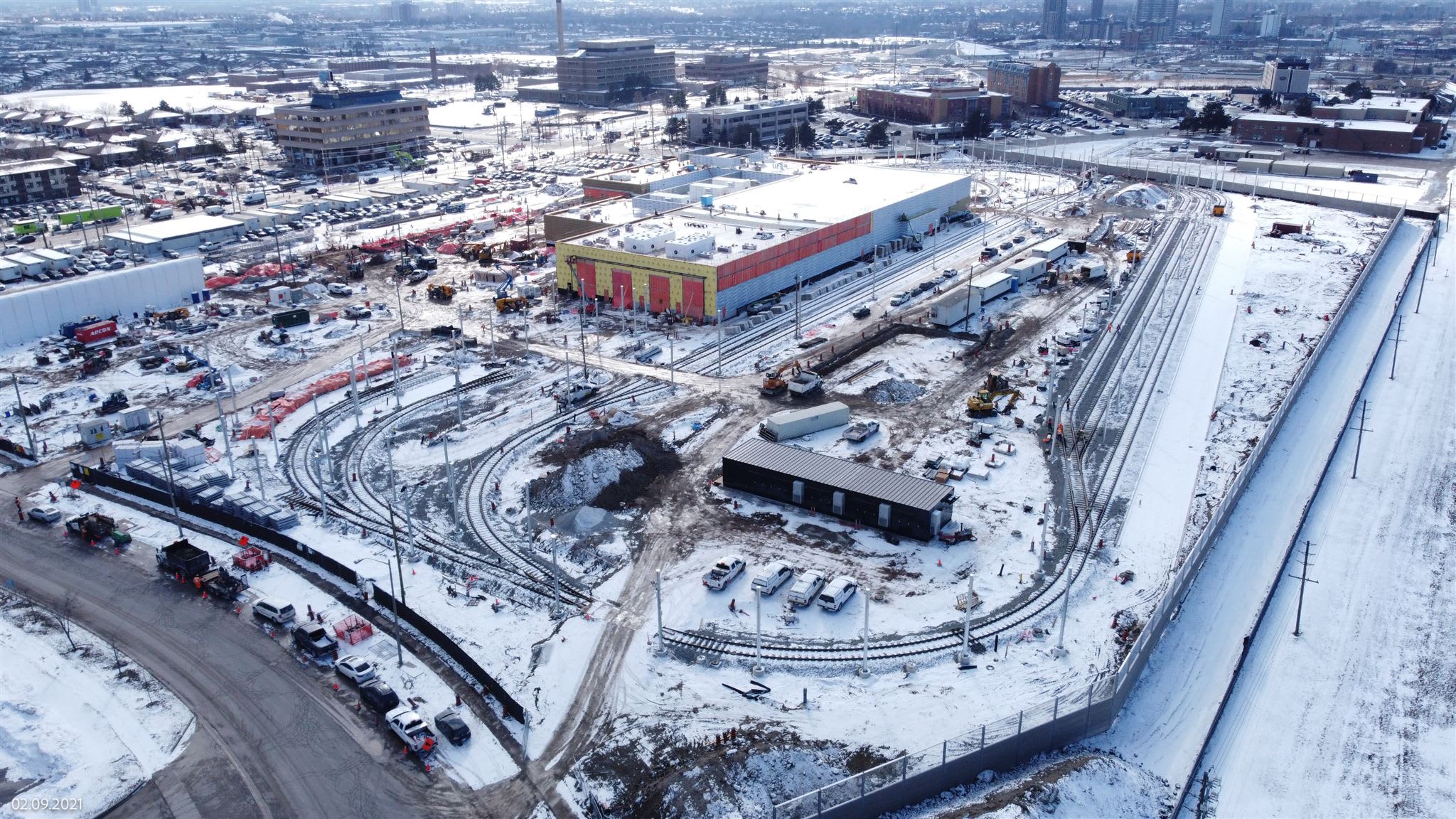 Birdâ??s eye view. The maintenance and storage facility, with tracks surrounding the building.