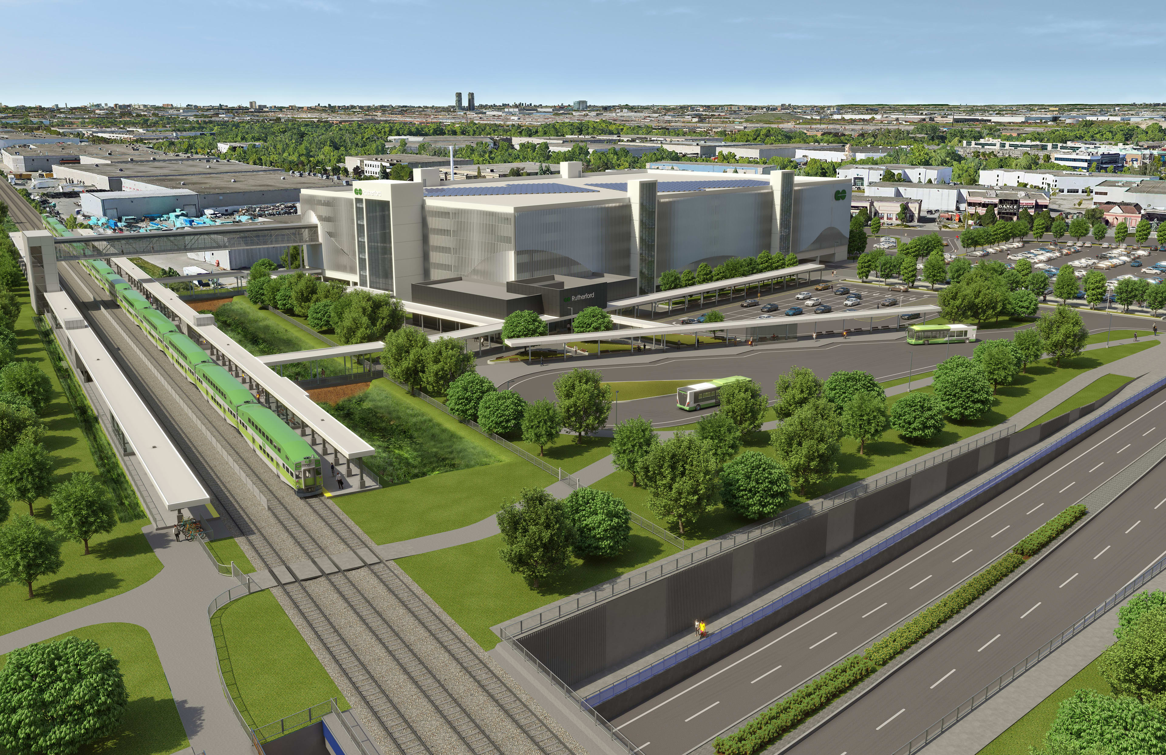 An aerial view rendering of the new Rutherford GO station