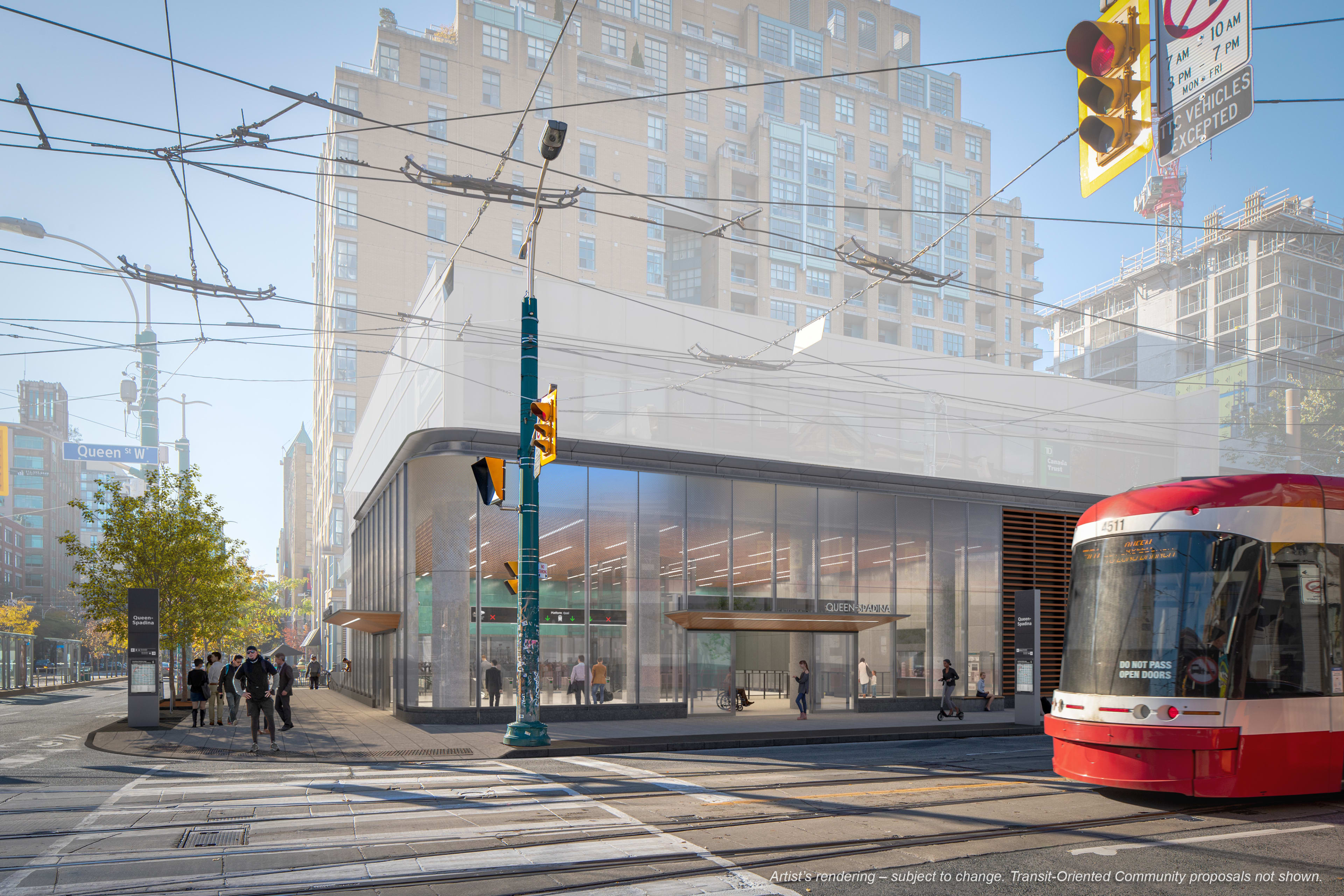 Future Ontario Line station building at southwest corner of Queen St W and Spadina Ave.