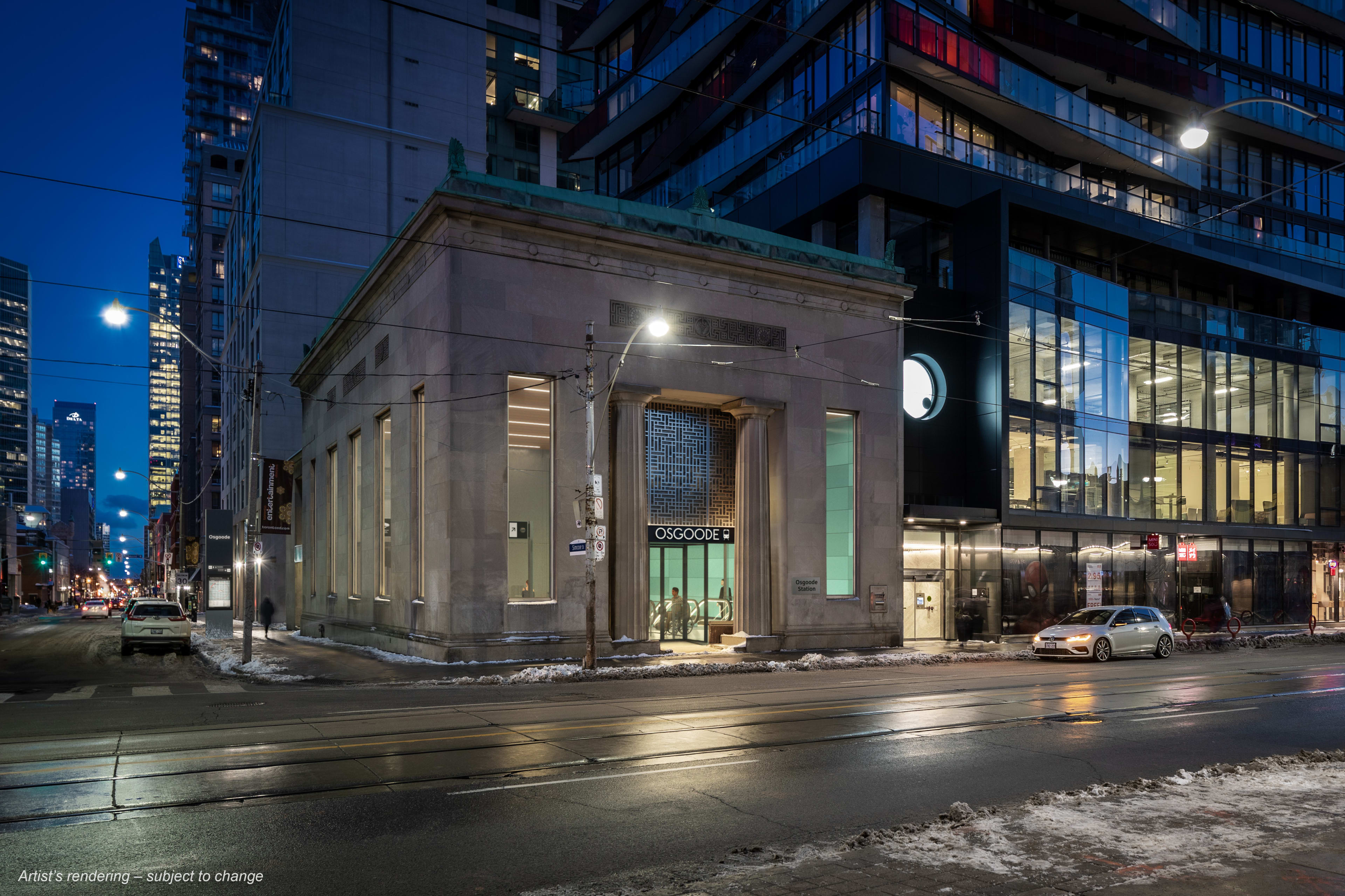 Future Ontario Line station incorporating the historic façade of the building at 205 Queen St W.
