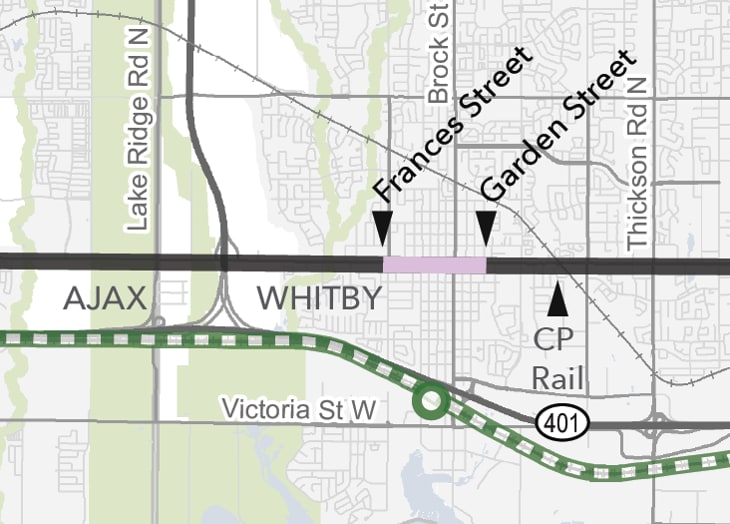 A map of the Durham-Scarborogh Bus Rapid Transit corridor from Frances Street to Garden Street