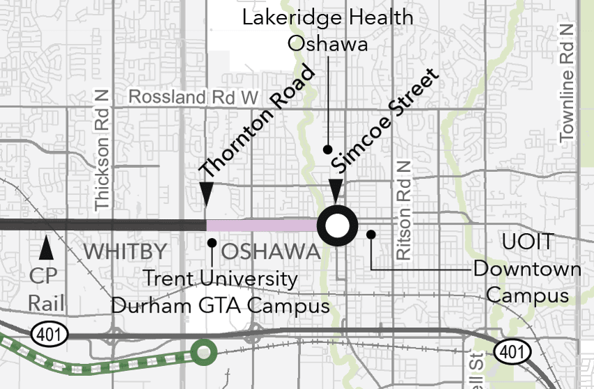 A map of the study area showing the extent of the Downtown Oshawa pinch point, from Thornton Road...