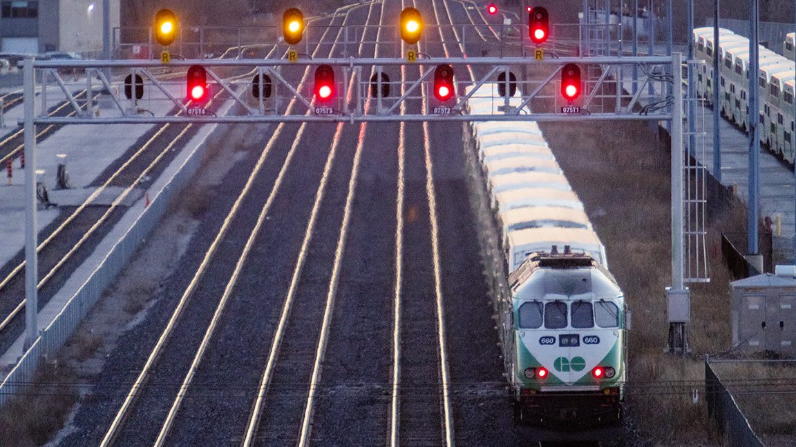 GO train on the lakeshore line heading towards the camera