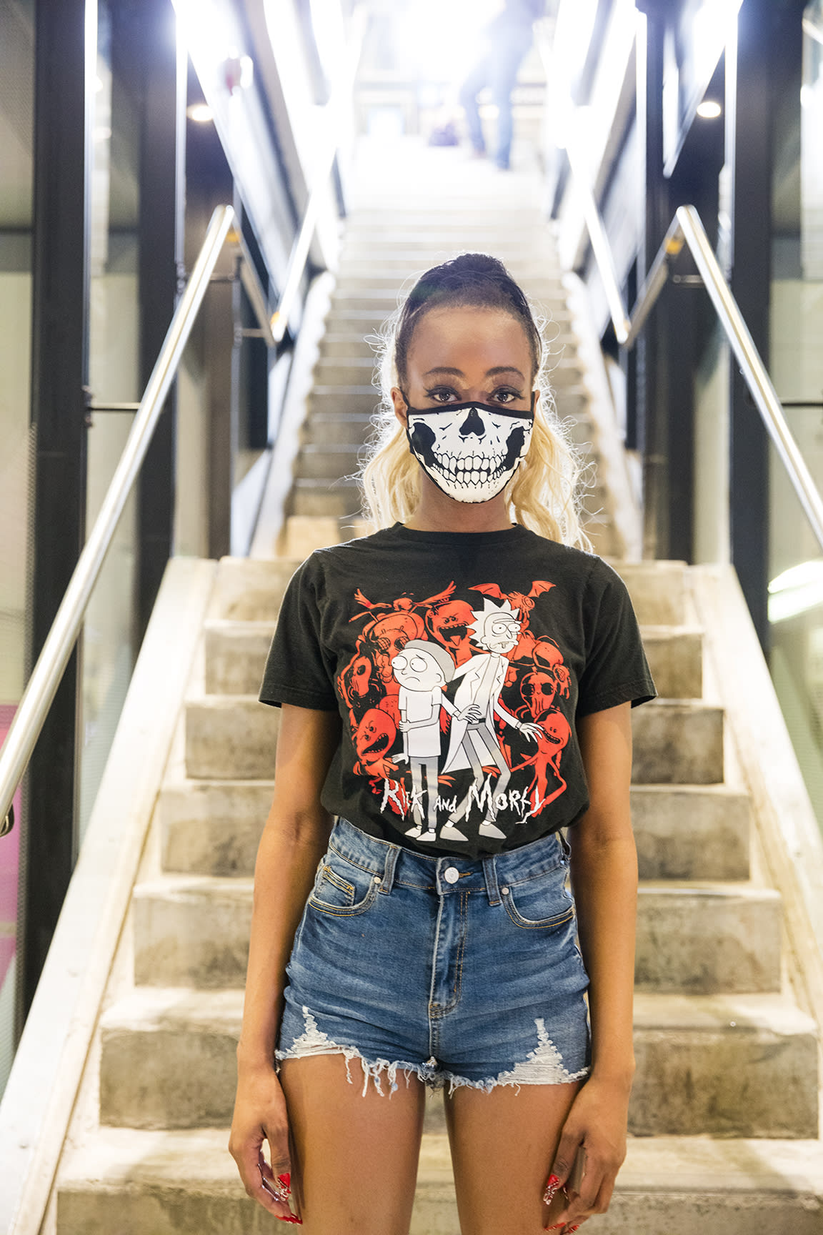 A customer wears a mask.