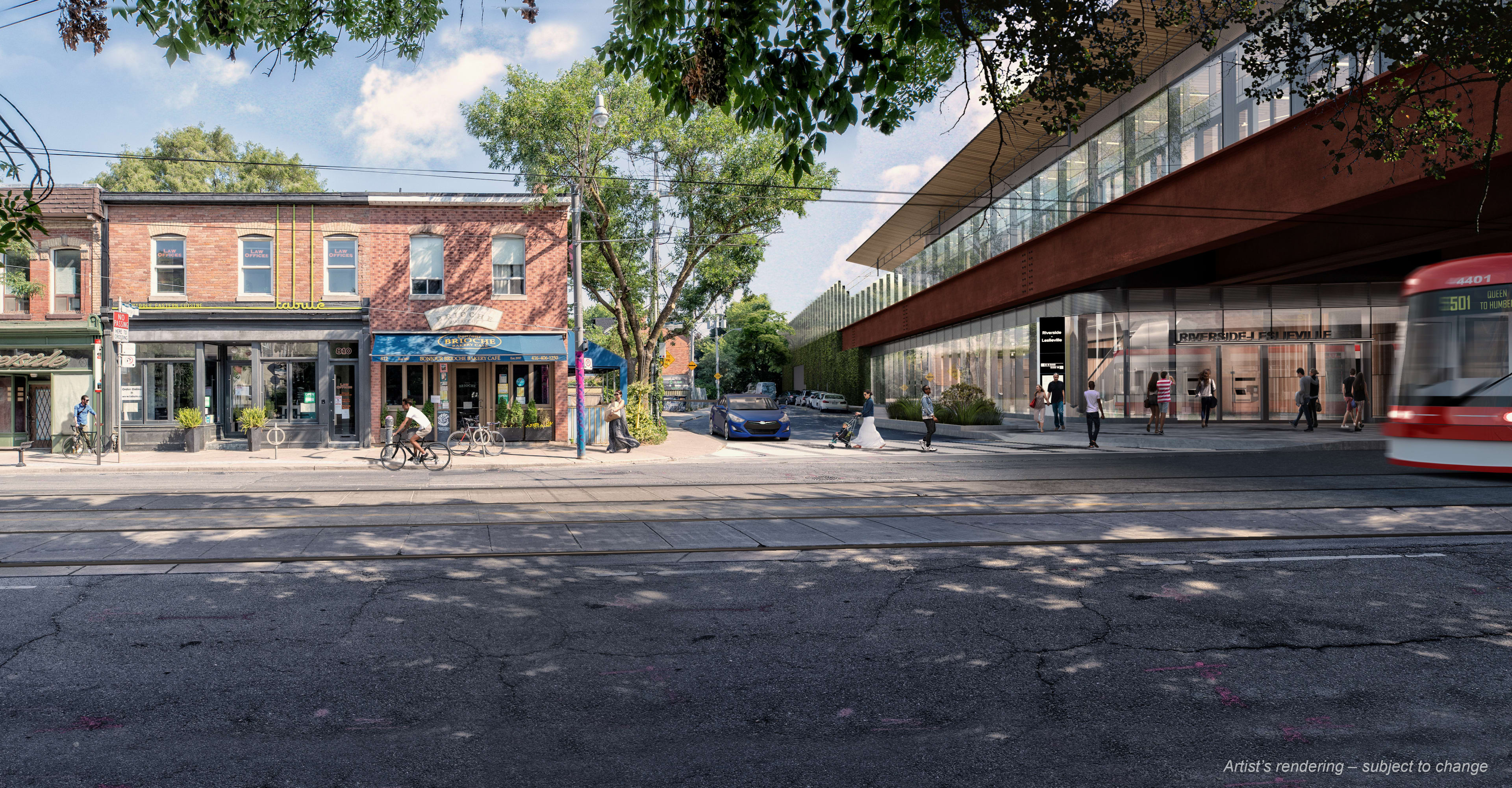 Future Ontario Line station entrance at northeast corner of Queen St E and DeGrassi St (Riverside...