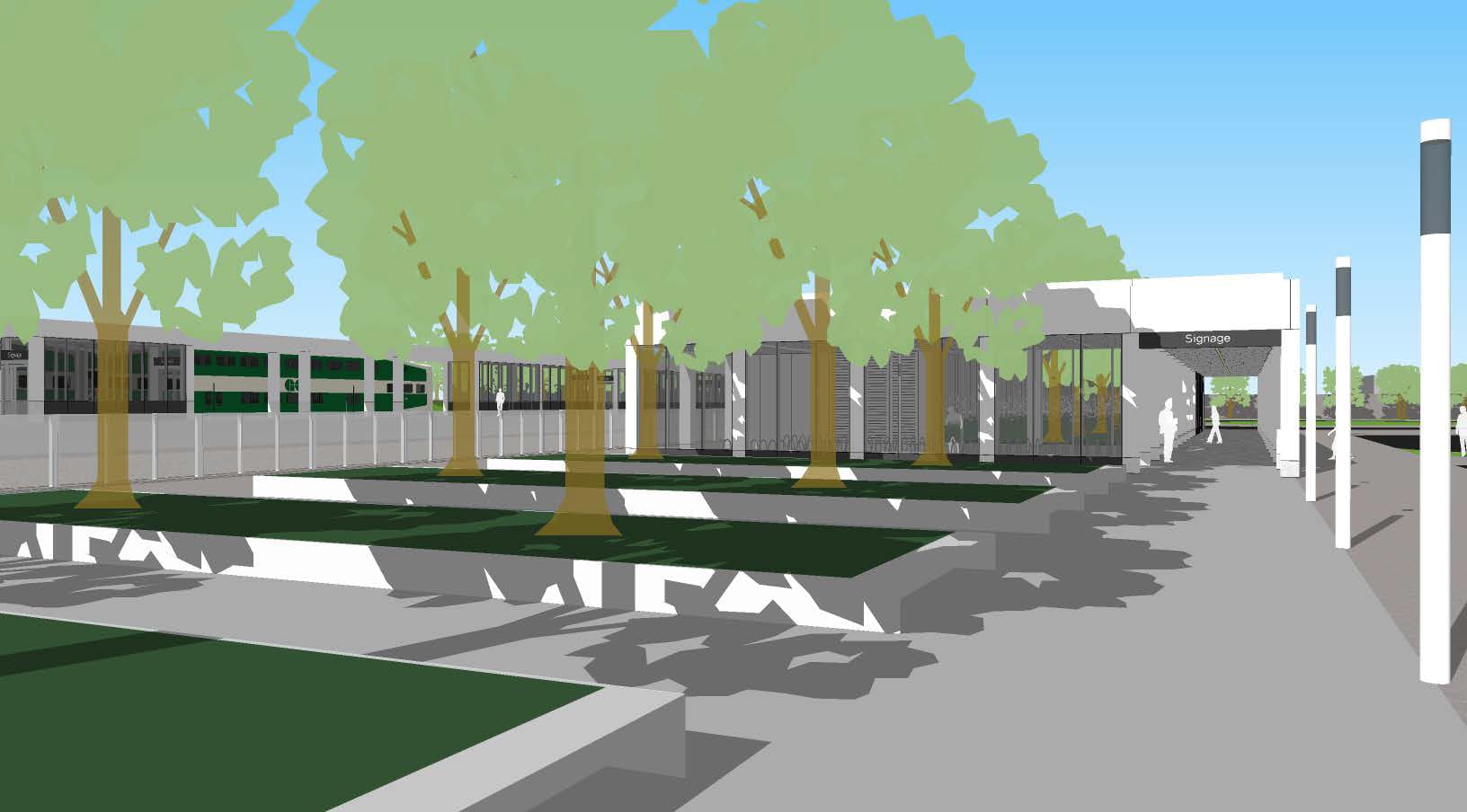 Rendering shows trees in front of a station,