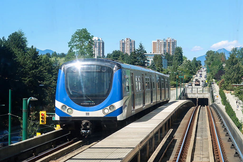 A Canada Line metro train on a track in Vancouver