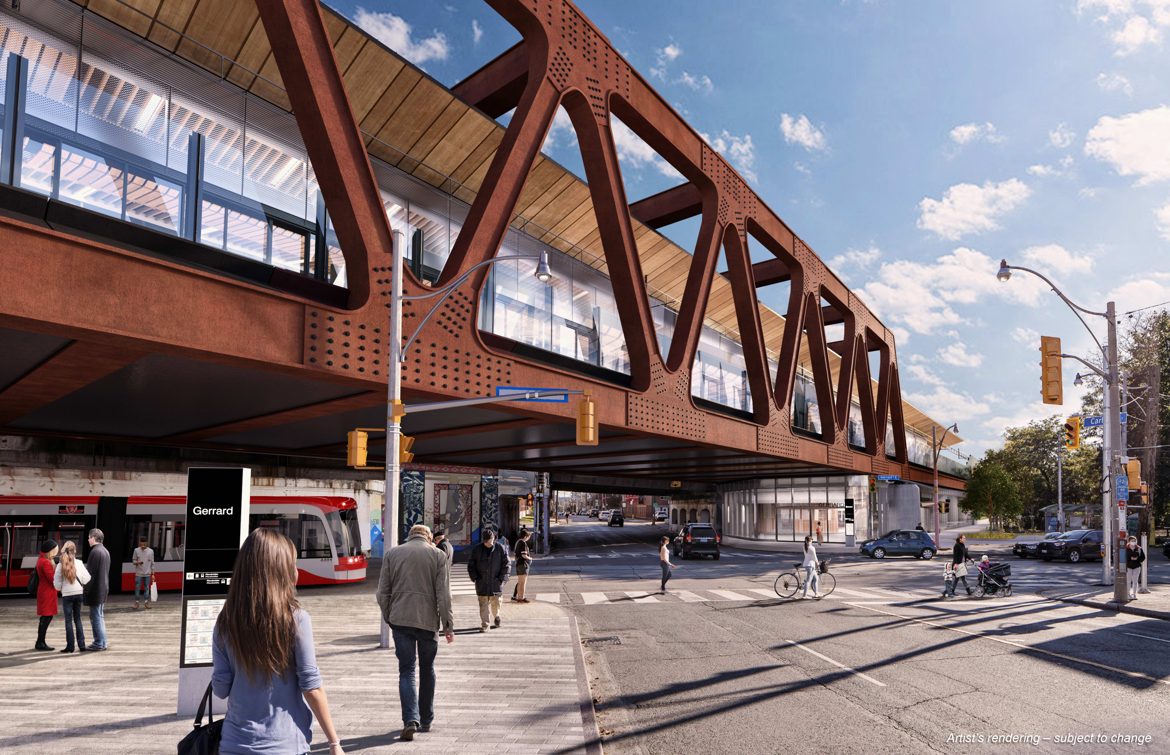Future Ontario Line station spanning Carlaw Ave at Gerrard St.