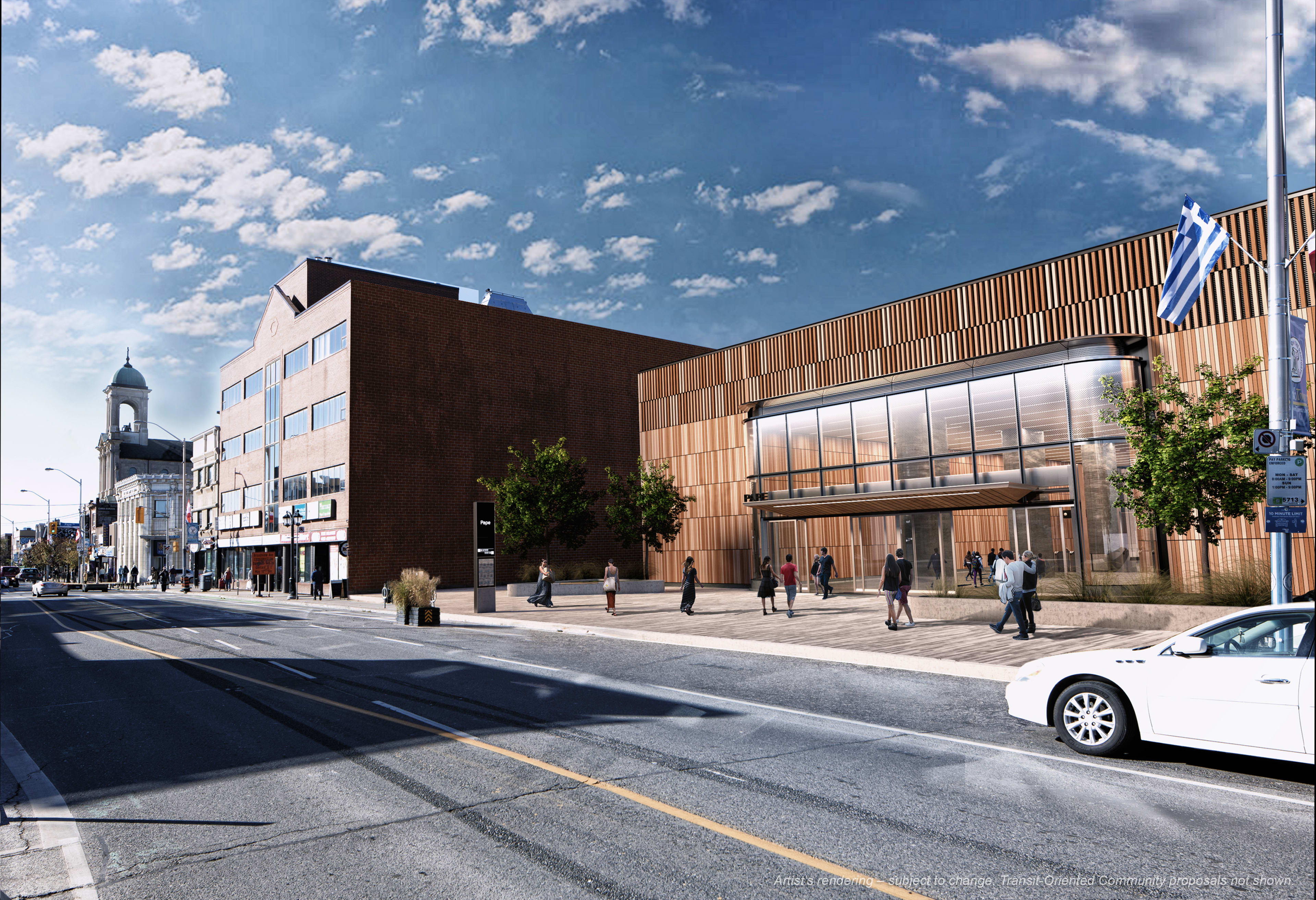 Future Ontario Line Pape Station entrance on the north side of Danforth Ave, east of Pape Ave.