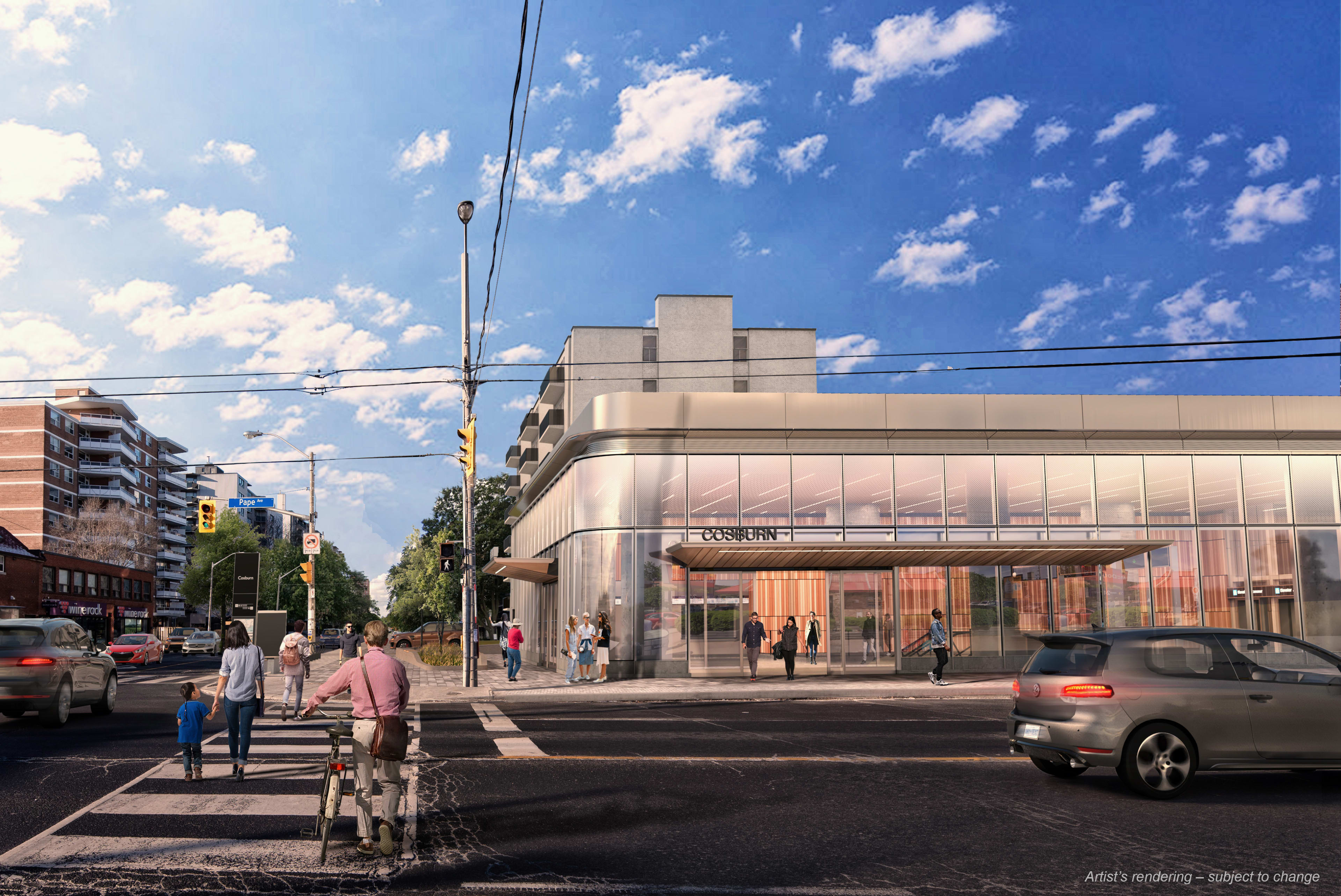 Future Ontario Line station entrance on the northwest corner of Pape Ave and Cosburn Ave.