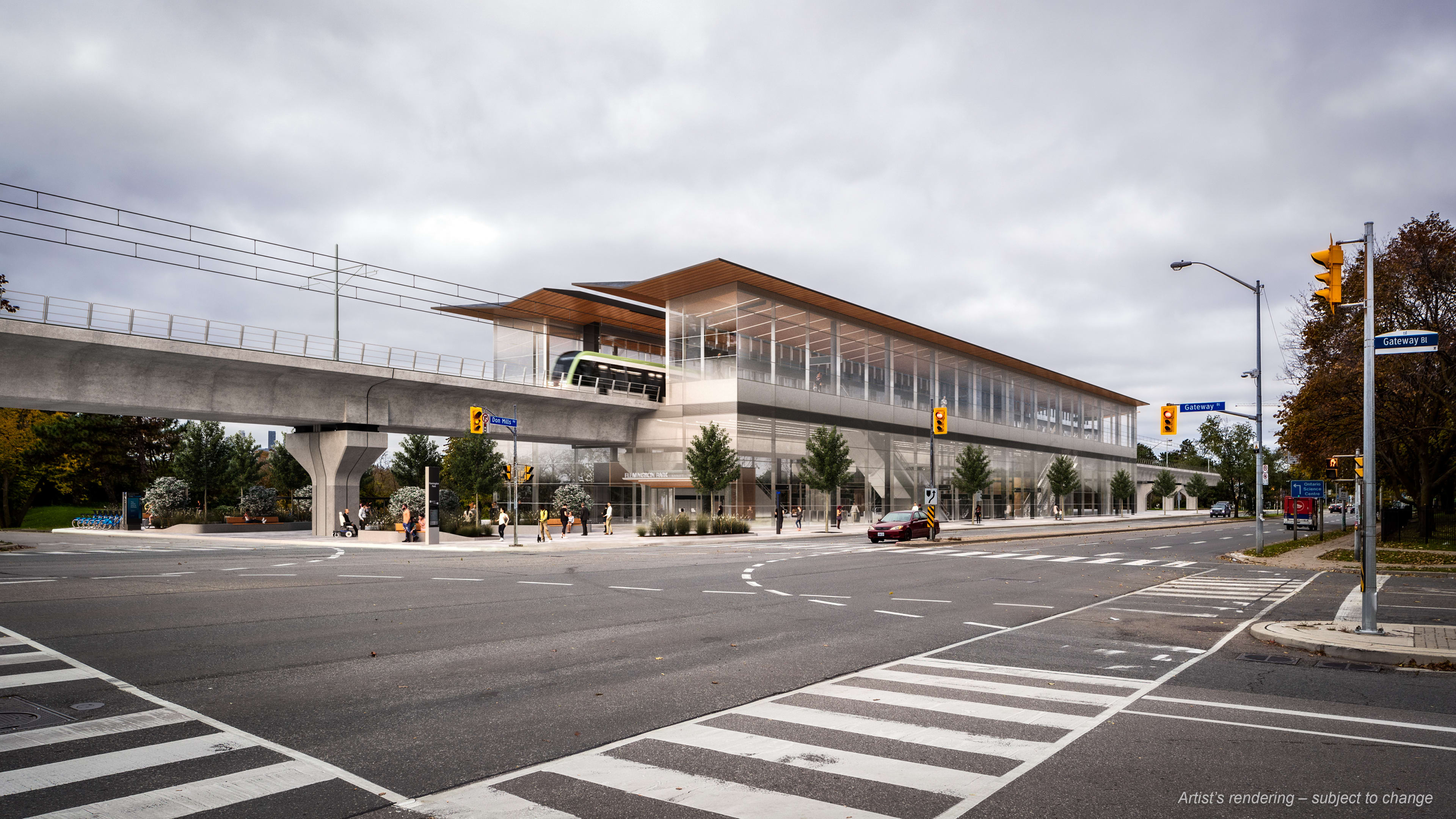 Future Ontario Line Flemingdon Park station at Don Mills Rd and Gateway Blvd., looking north.