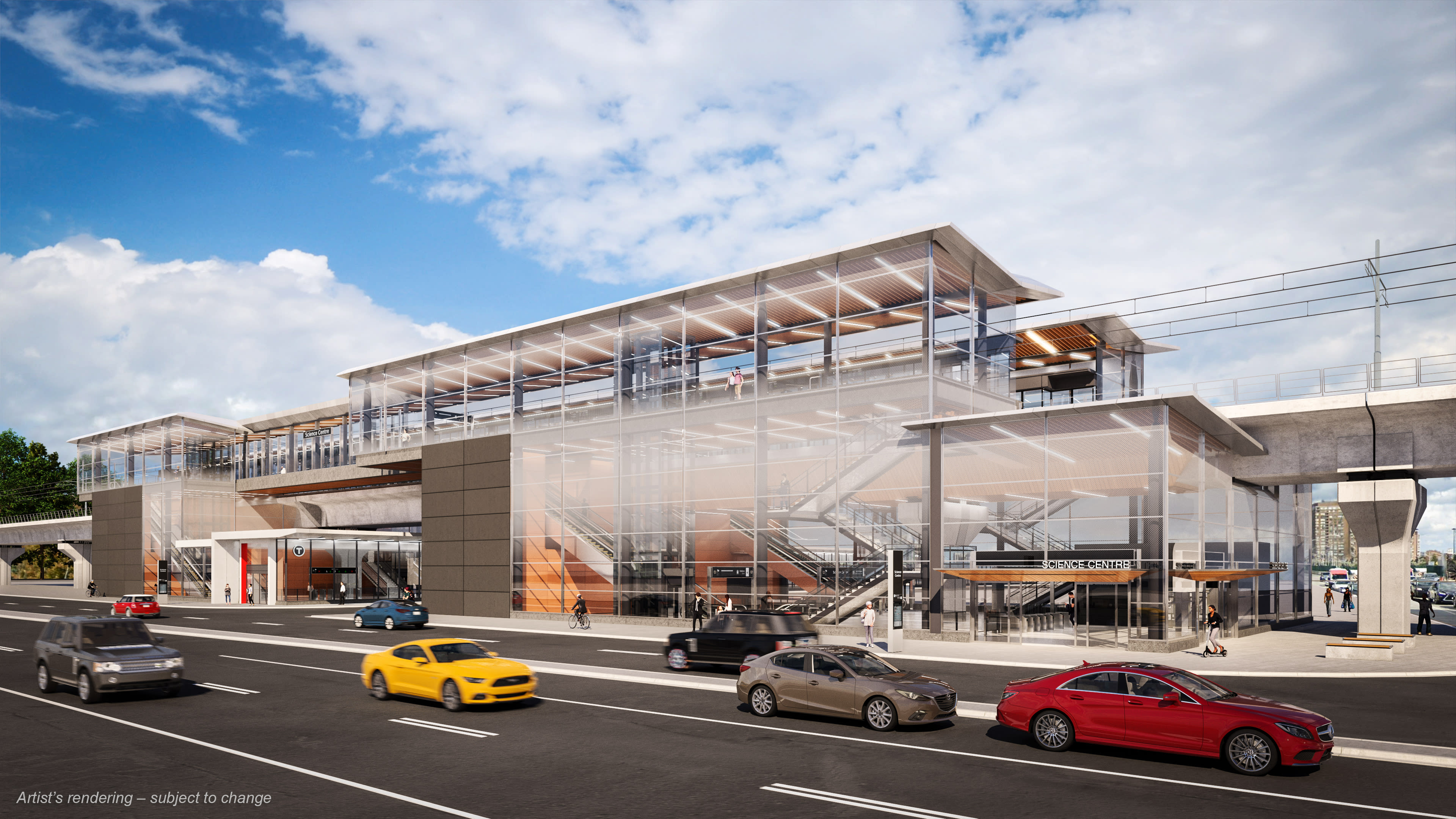 Future Ontario Line Science Centre station on the northeast corner of Don Mills Rd and Eglinton A...