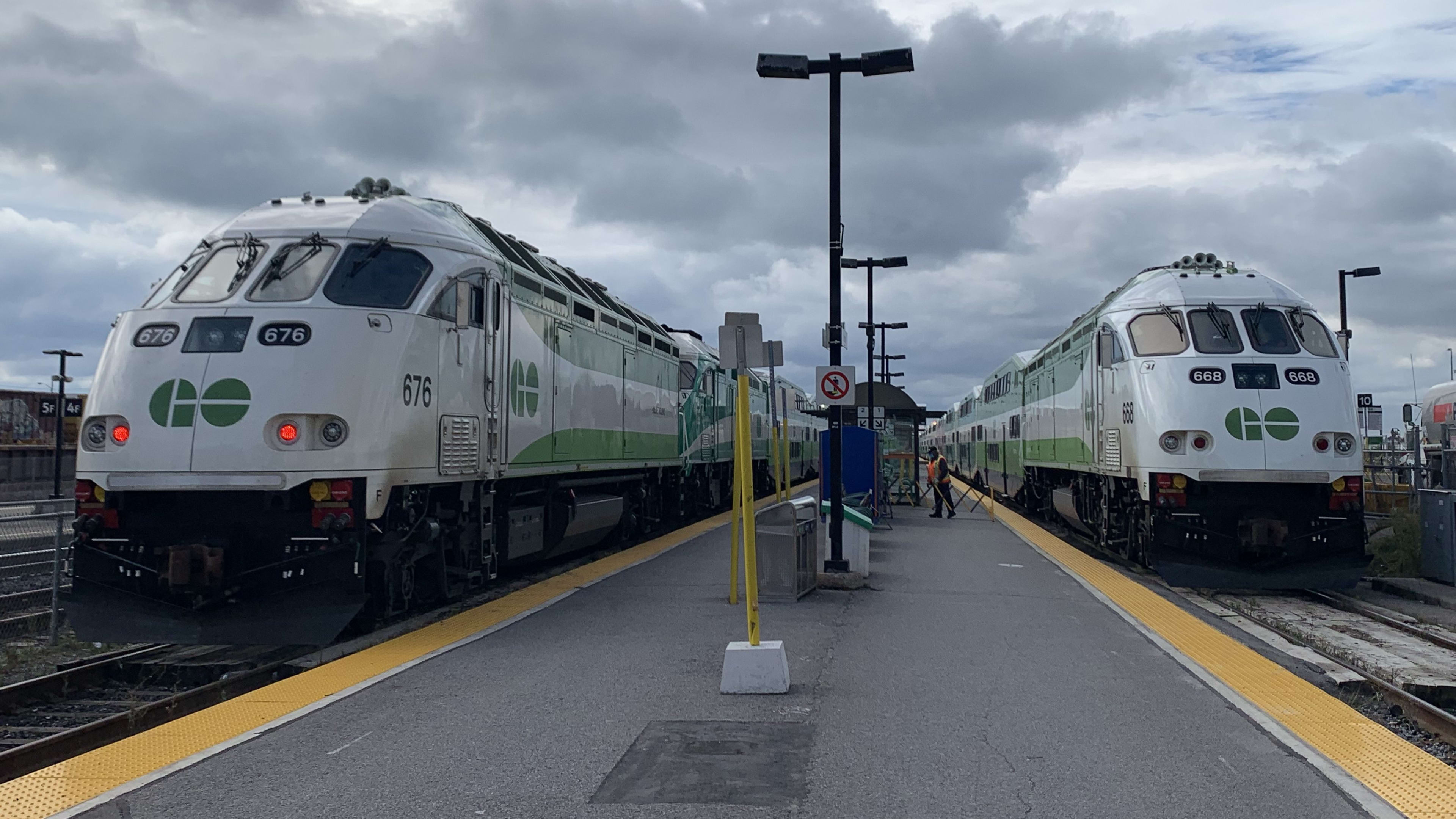 GO trains sit ready to depart at Oshawa GO station.