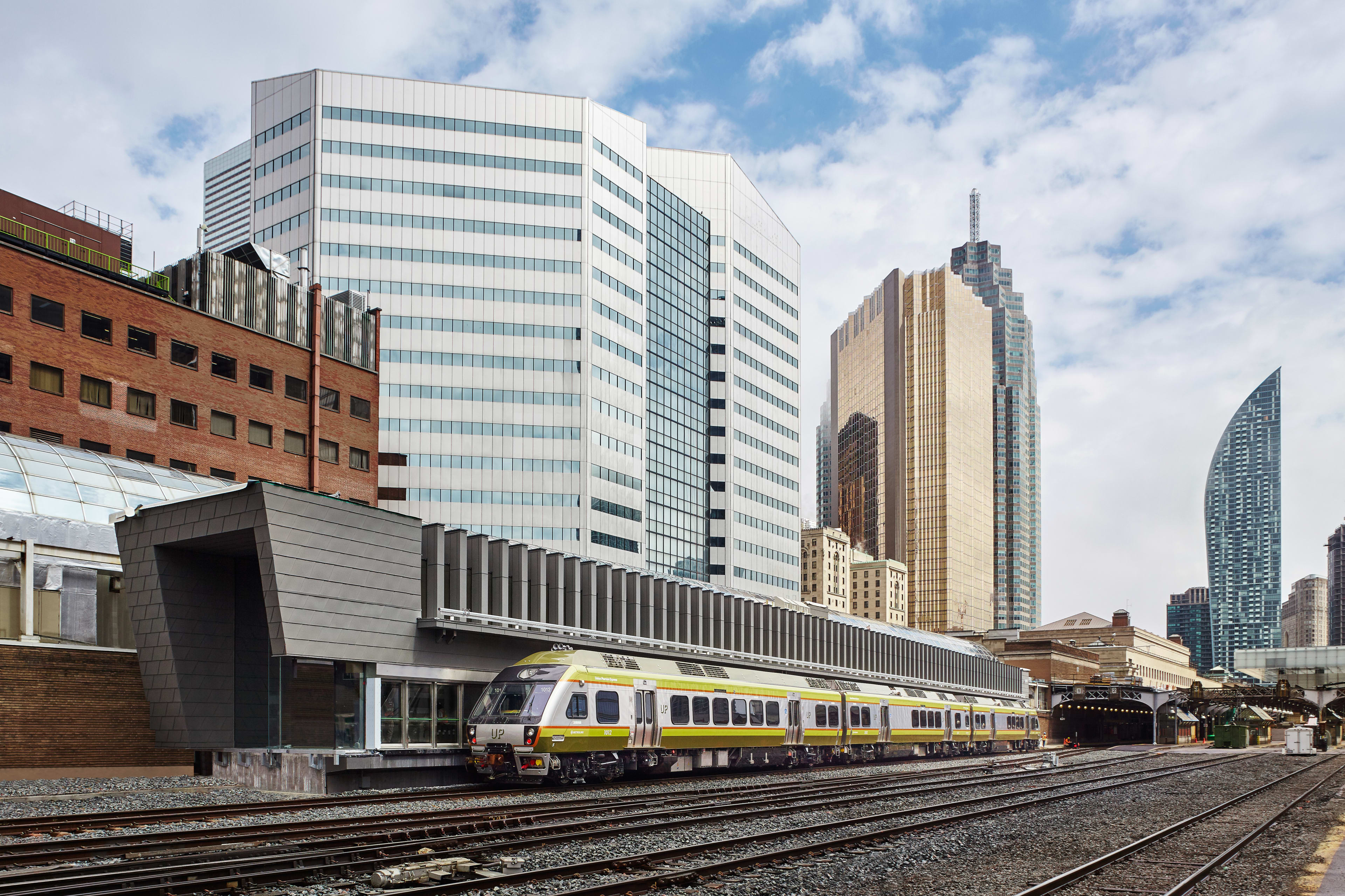 An UP Express train sits at the Union Station terminal.