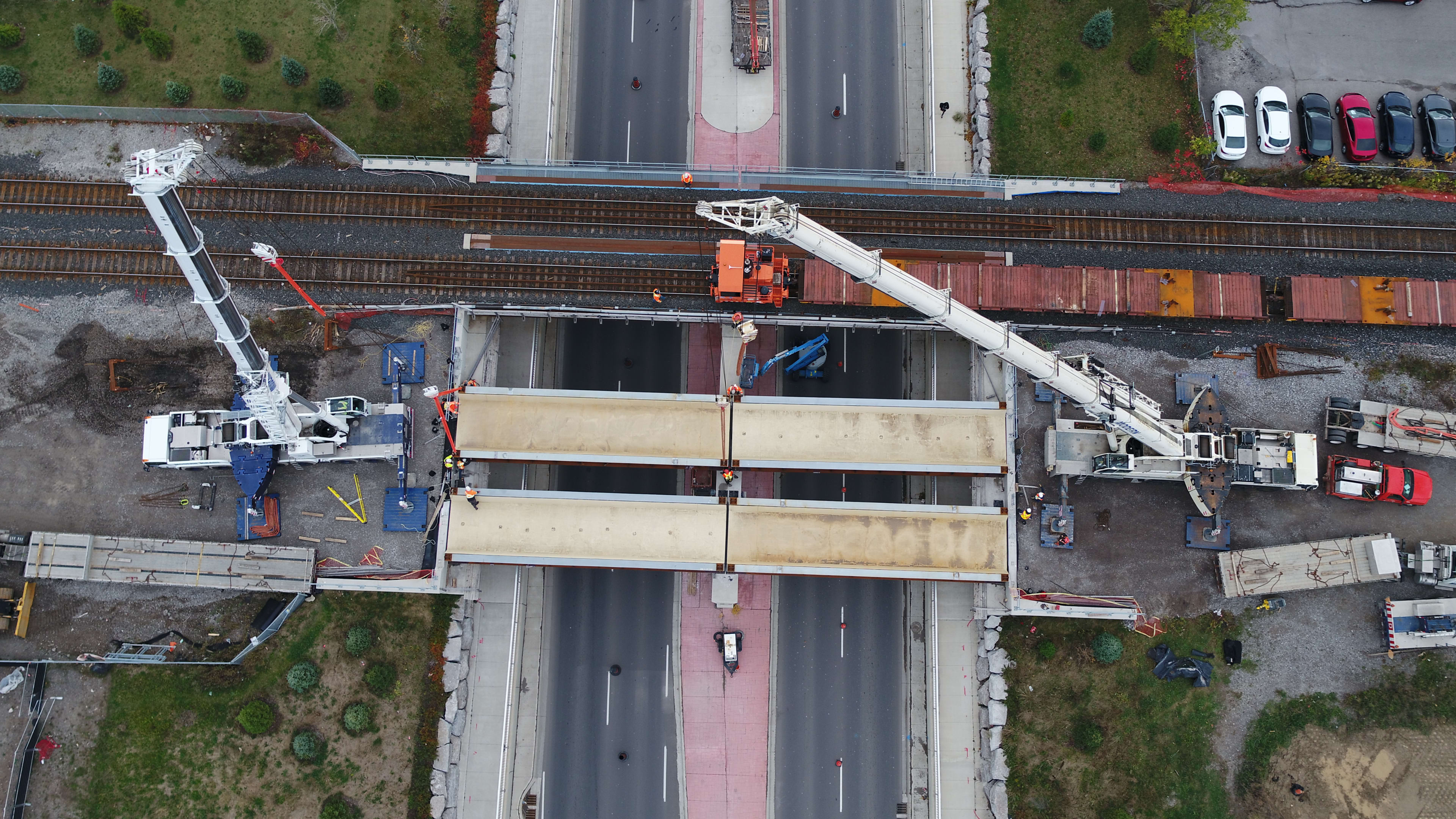 Image looks down at the bridge work.