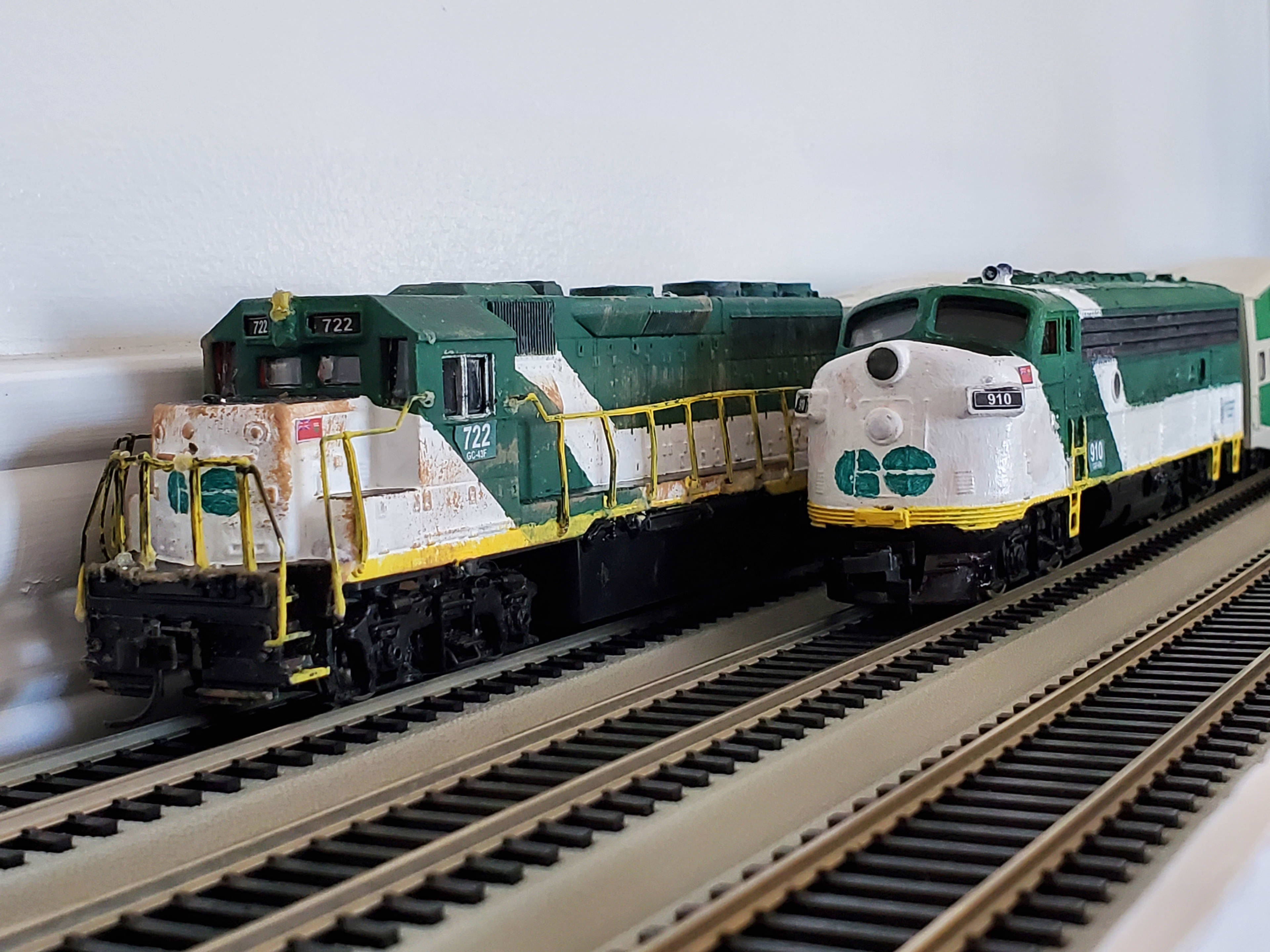 two tiny GO trains.
