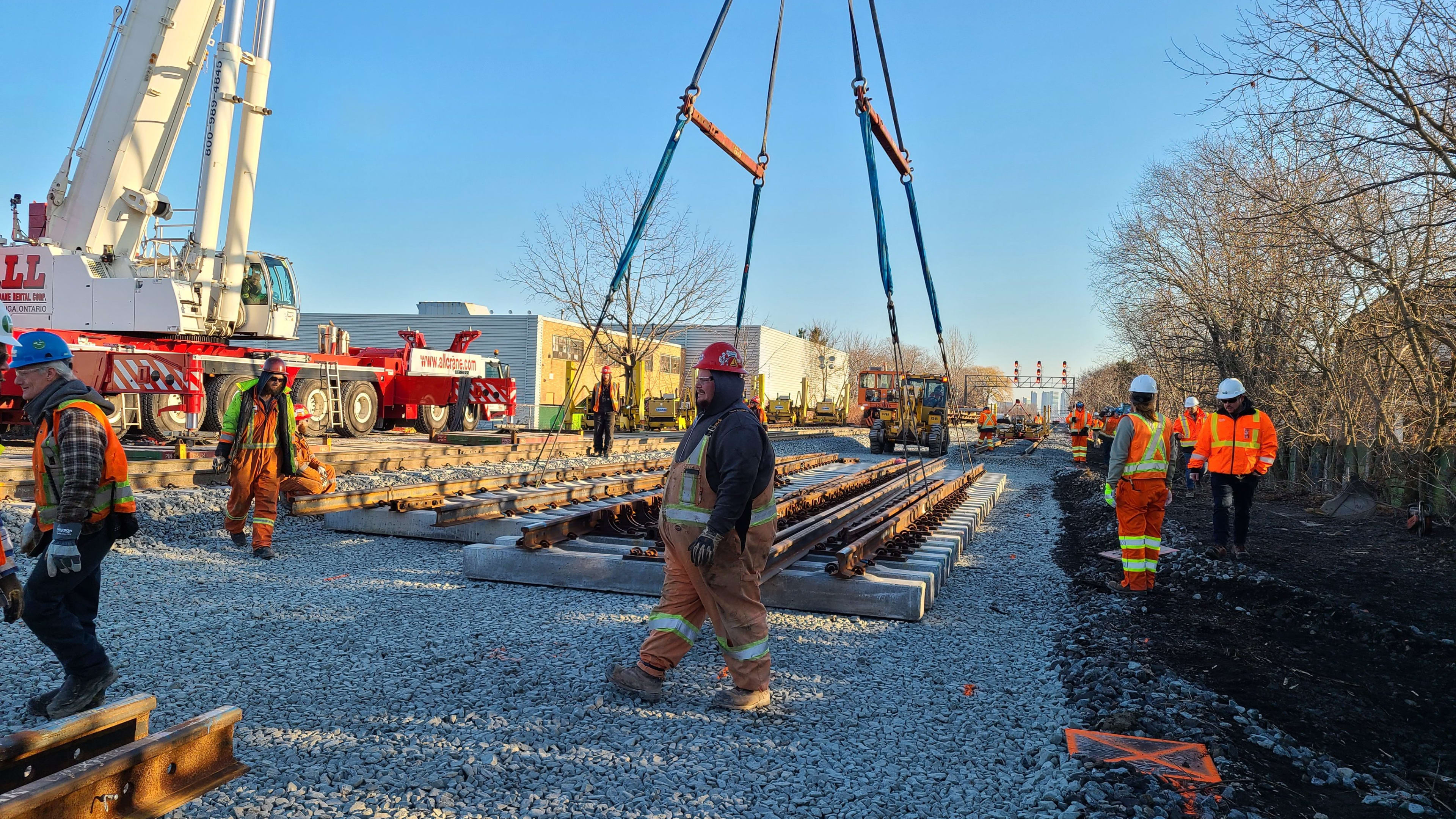 Crews work on replacing large sections of track as part of major upgrade work on the Lakeshore We...