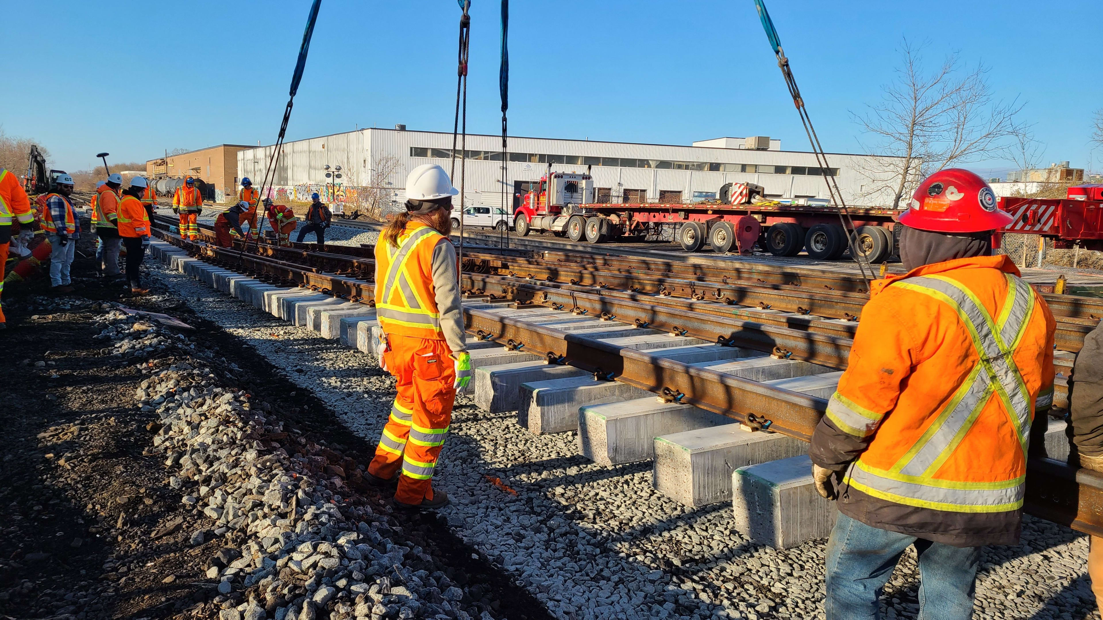 A large section of track being replaced along the Lakeshore West Line during a weekend shutdown