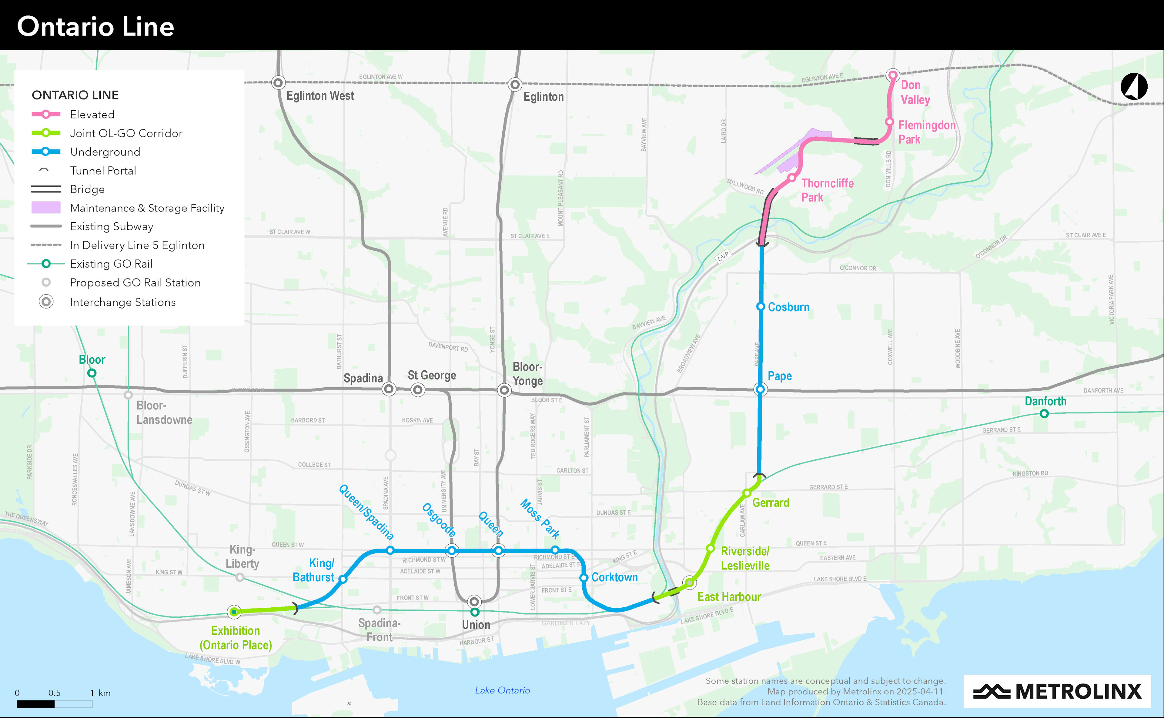 An overview map of the Ontario Line subway project, updated in April 2025