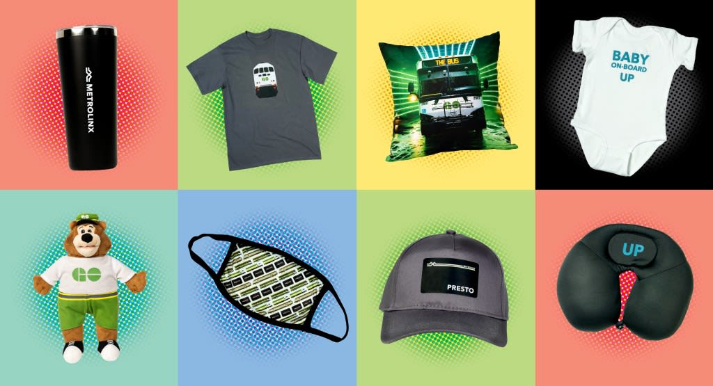 An image showing various products available on the Metrolinx Online Store like coffee mugs, plush...