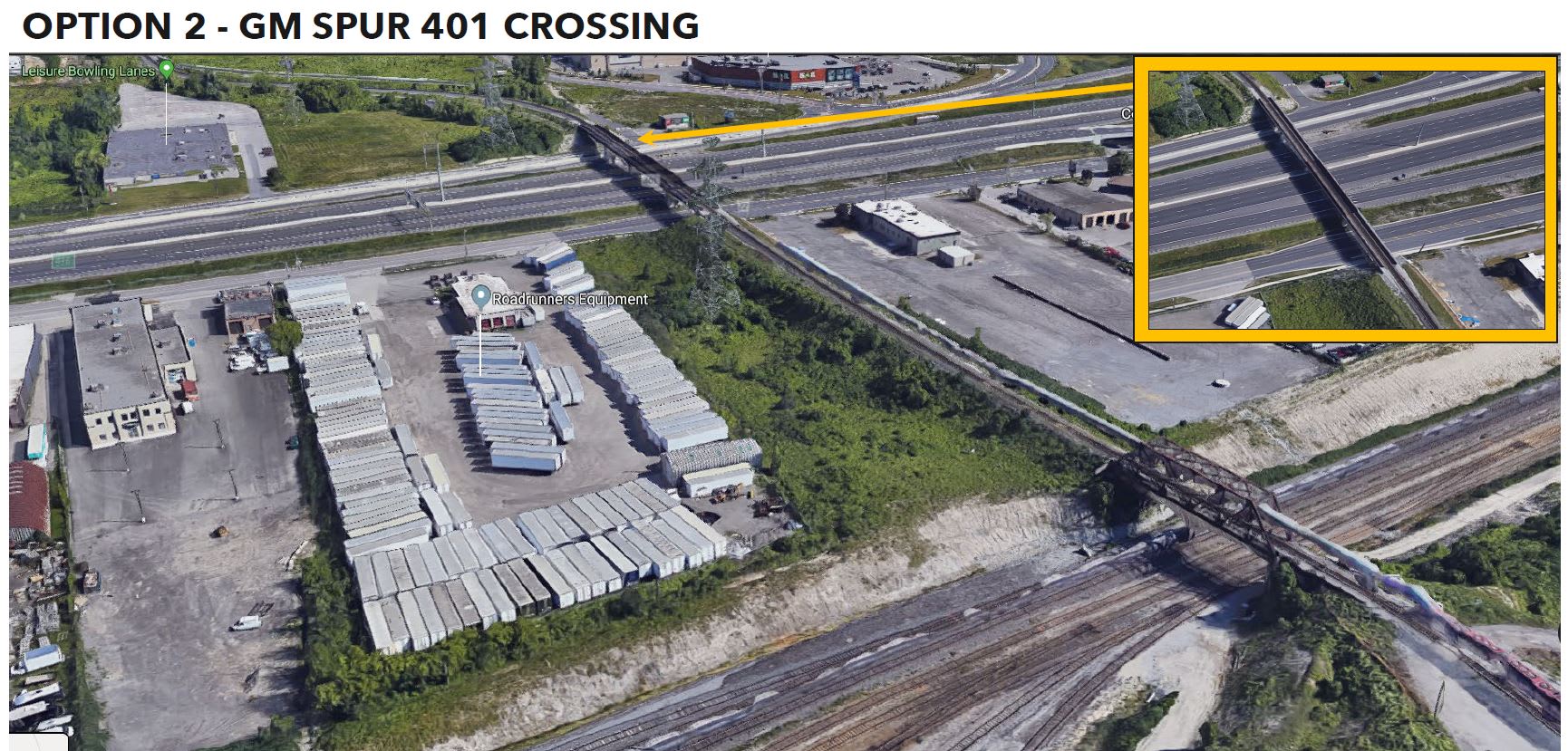 Image is a Google map showing the GM spur across Hwy. 401.
