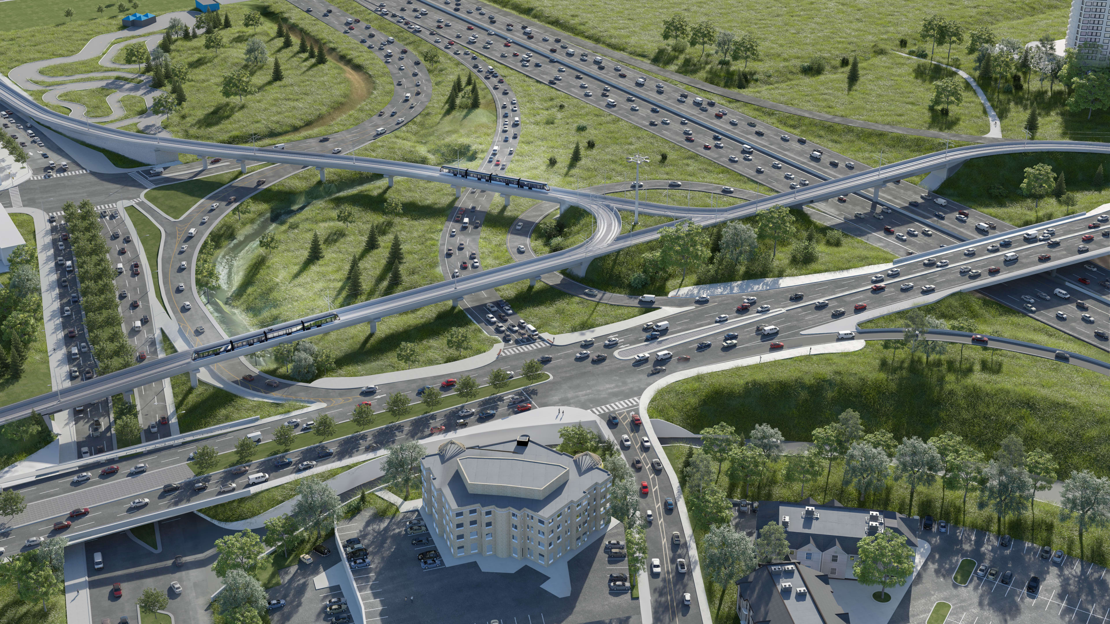 Rendering shows the LRT above a busy highway.