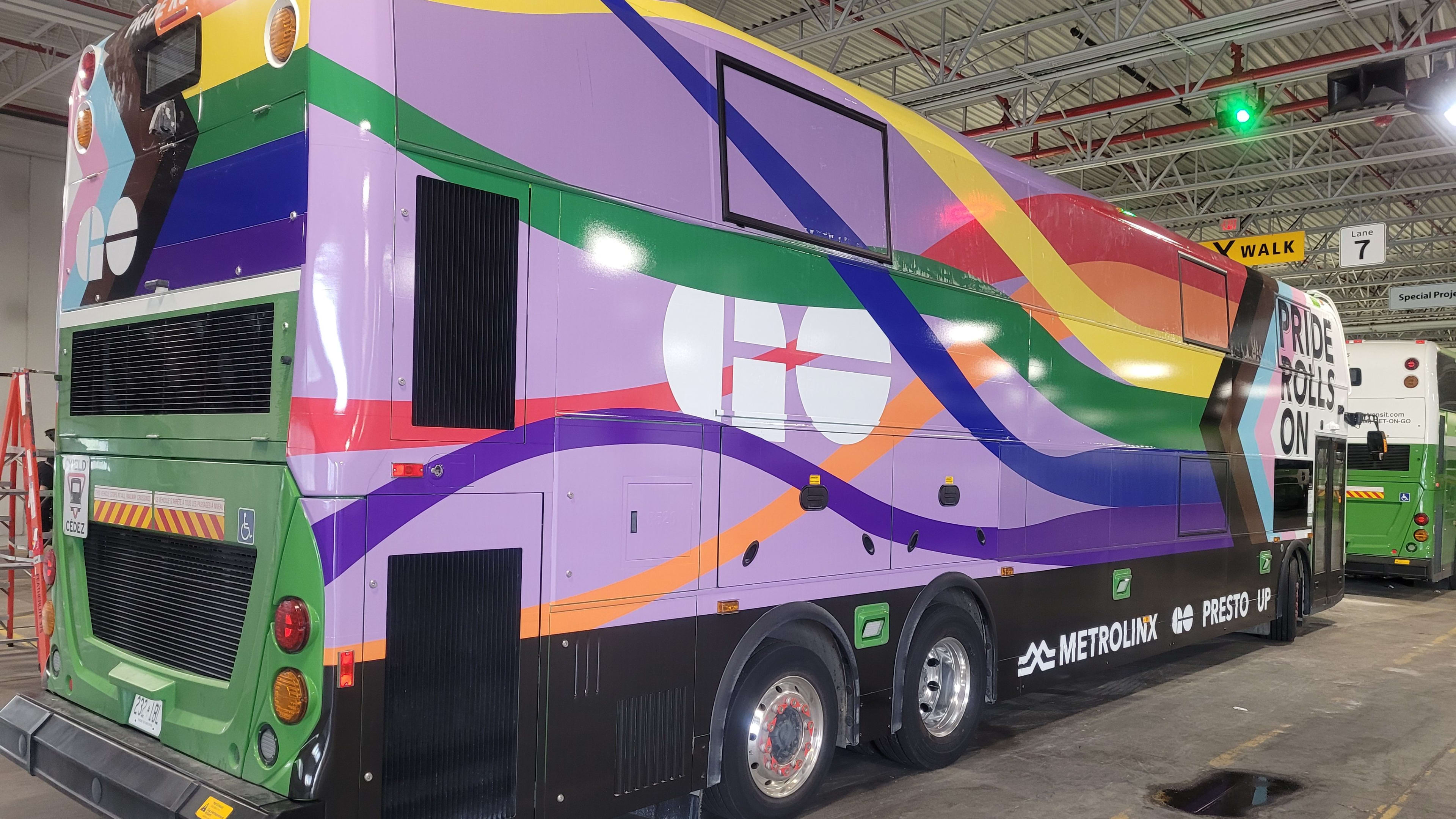 The special wrapped rainbow pride GO bus
