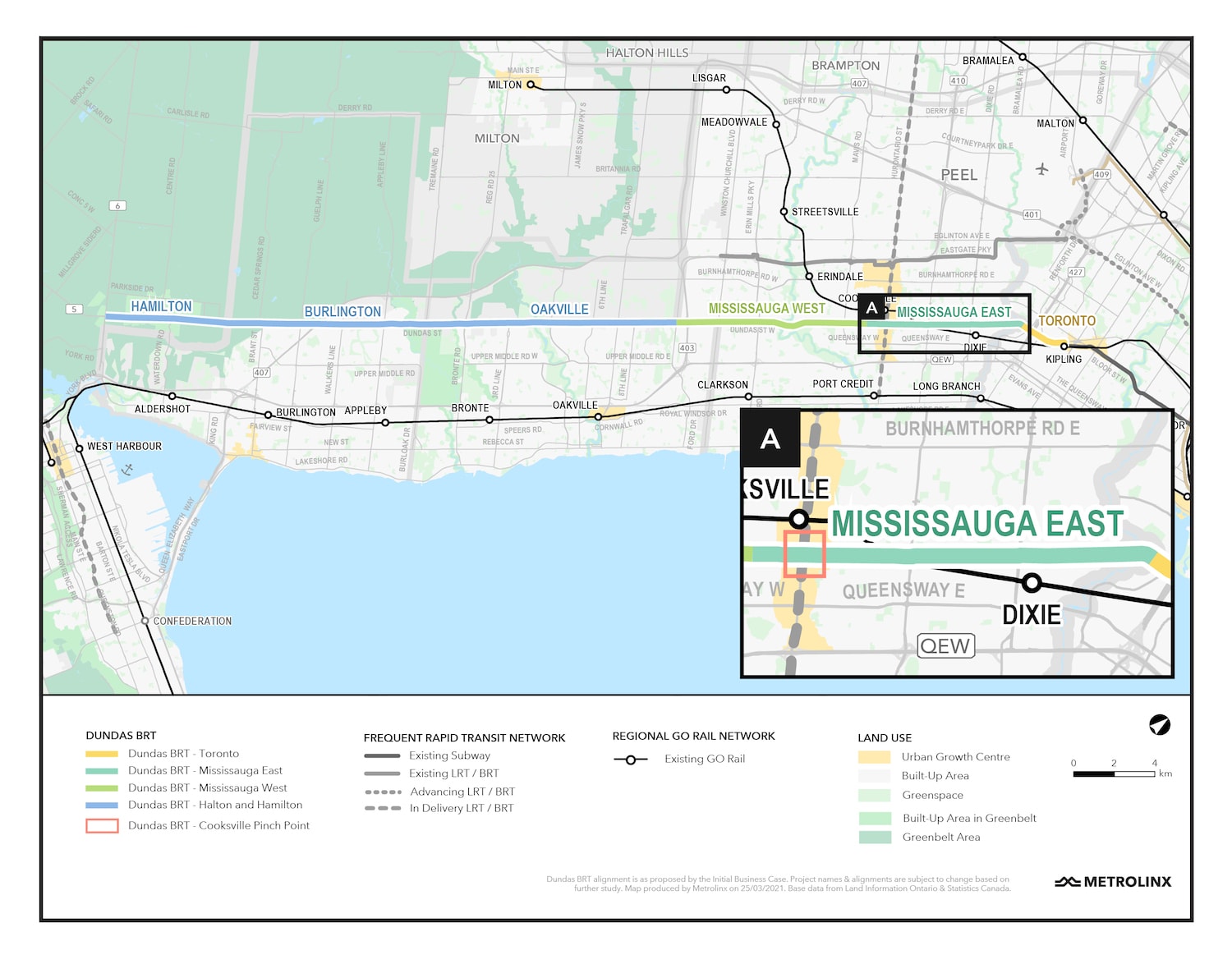 A detailed project map highlighting the entire Dundas Bus Rapid Transit route from Hamilton in th...