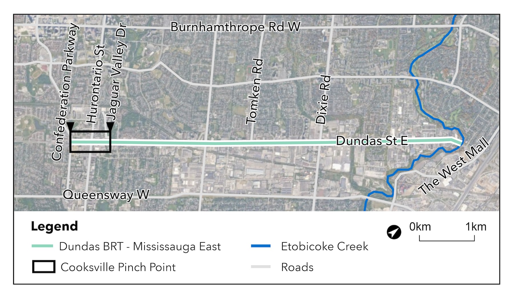 An aerial view map of the Dundas BRT route in Mississauga highlighting the Cooksville Pinch Point.
