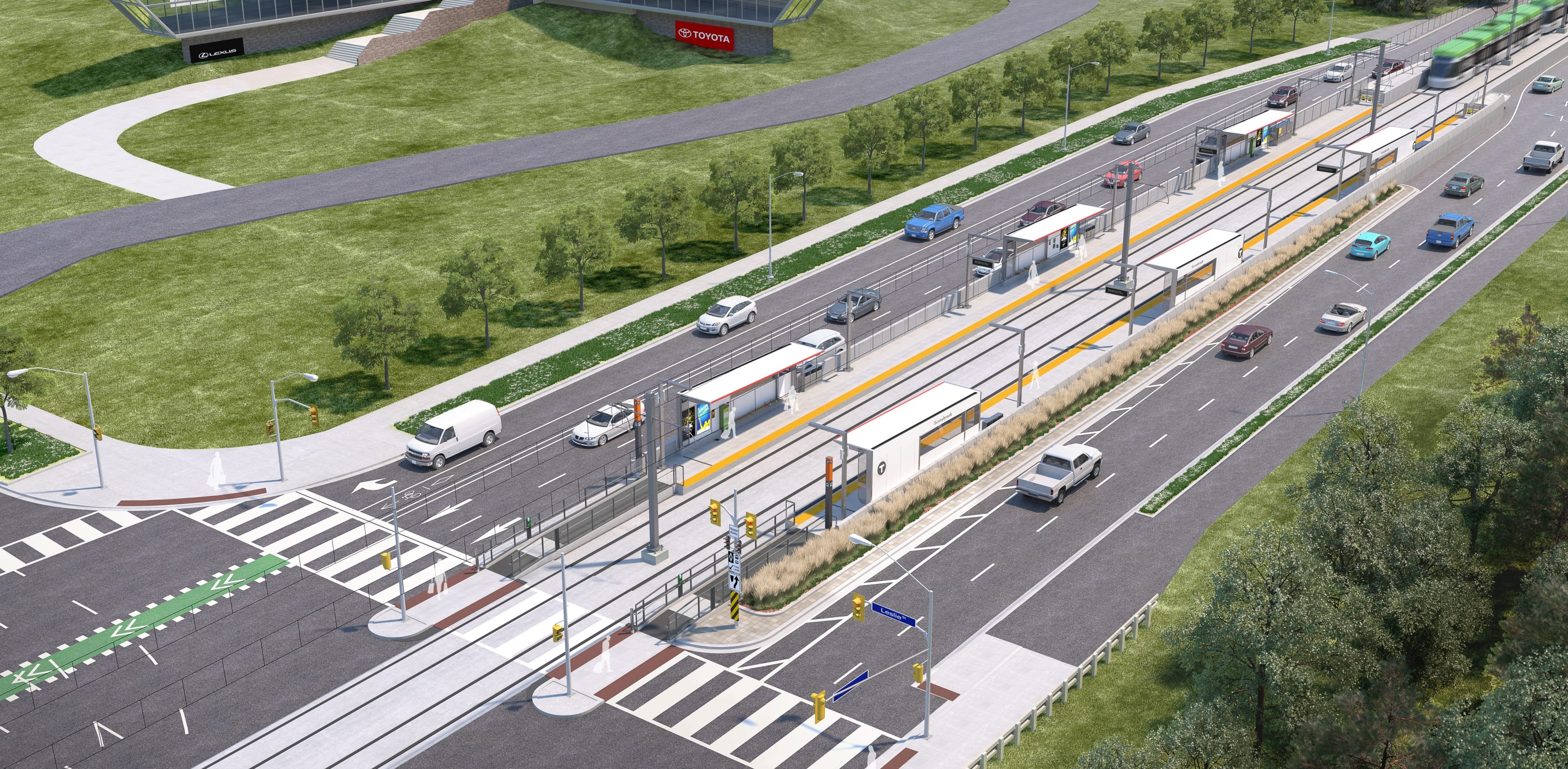 An artist concept shows an above-ground LRT stop, with cars on either side.