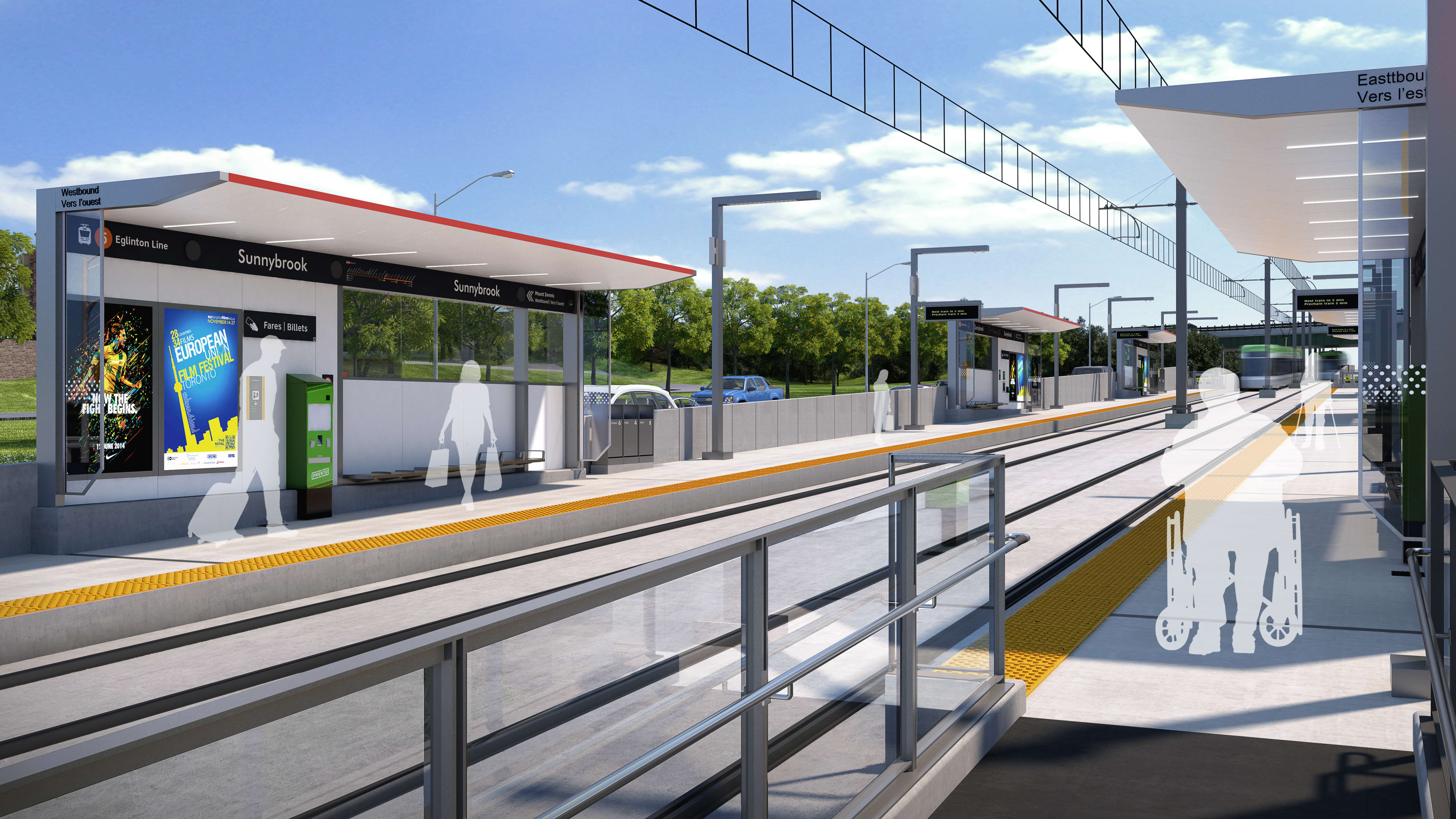 An artist concept shows customers waiting on the platform for an approaching LRT vehicle.