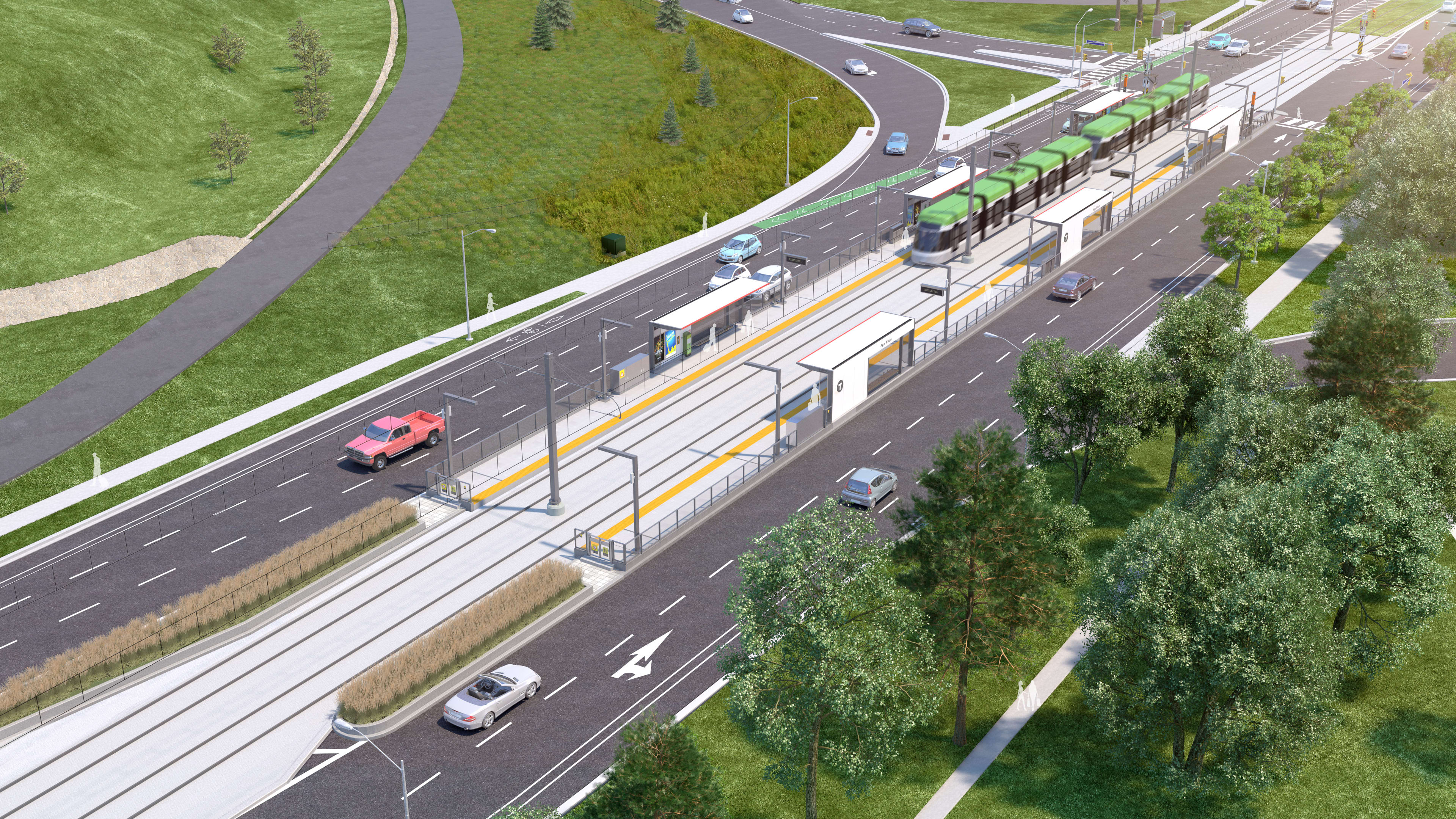 An artist concept shows a ground-level stop, with a light rail vehicle pulling in.