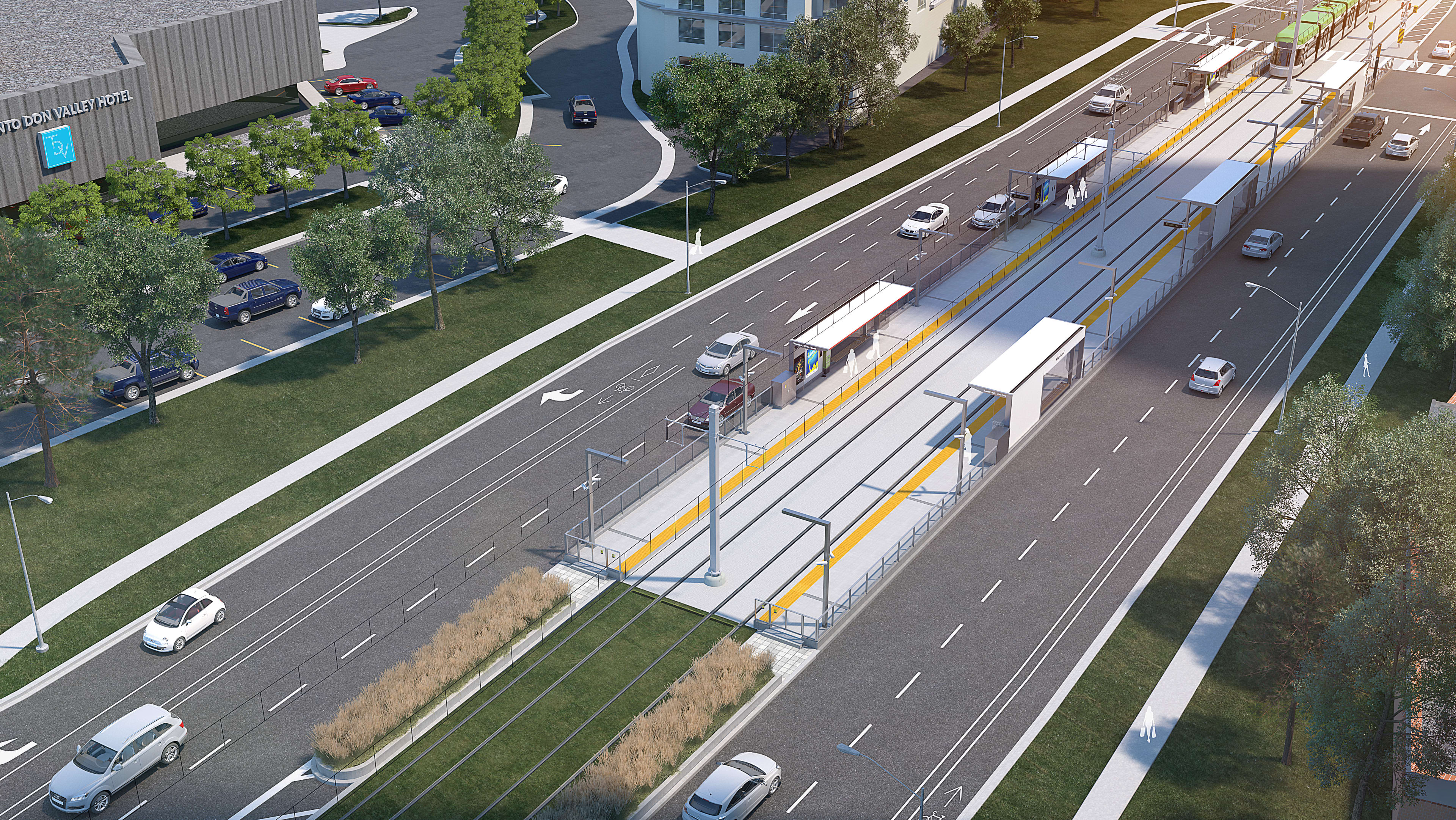 An artist concept shows a stop between active roads, with a light rail vehicle pulling up.