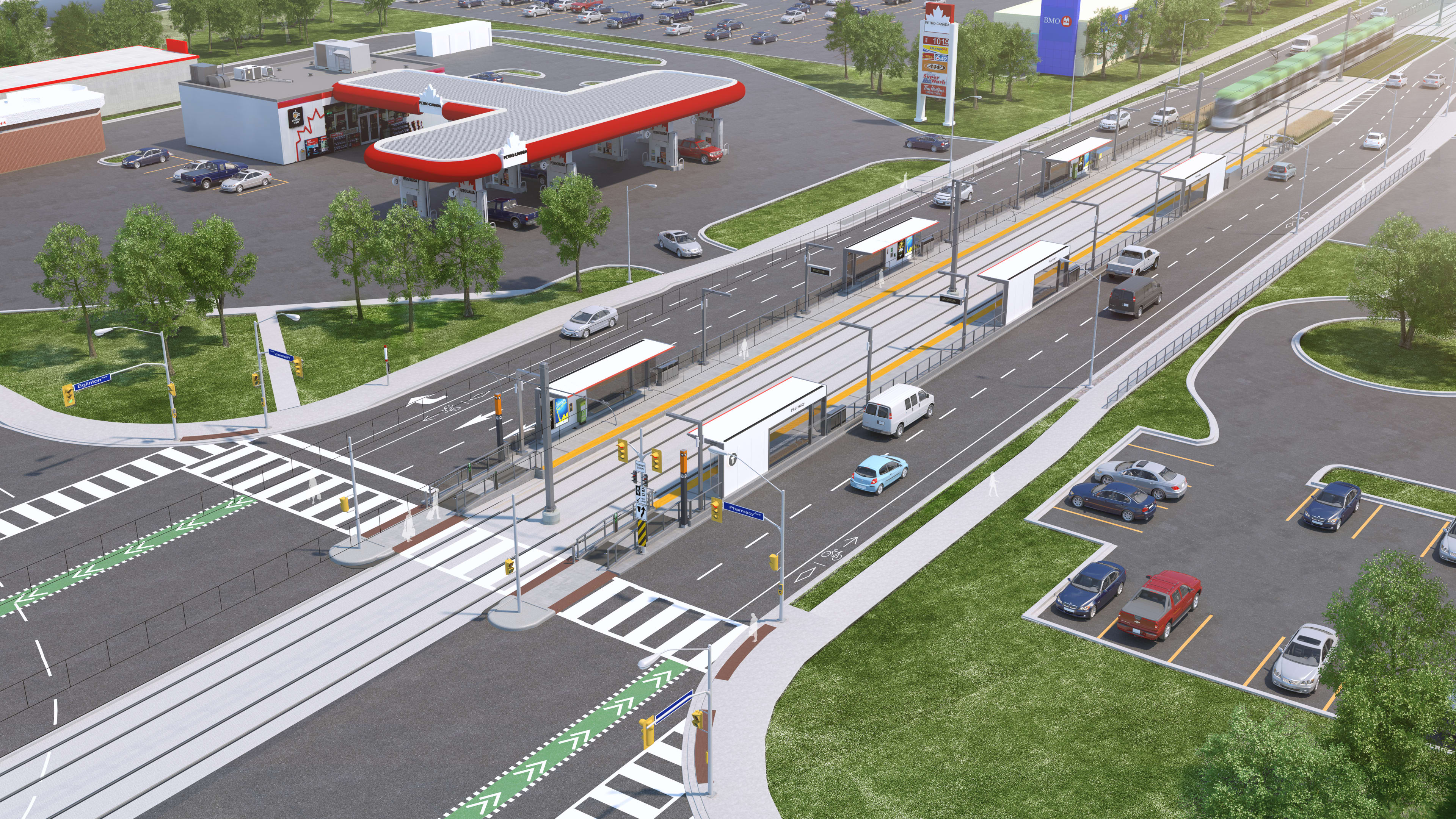 An artist concept looks down at a light rail transit platform, as a vehicle pulls in.
