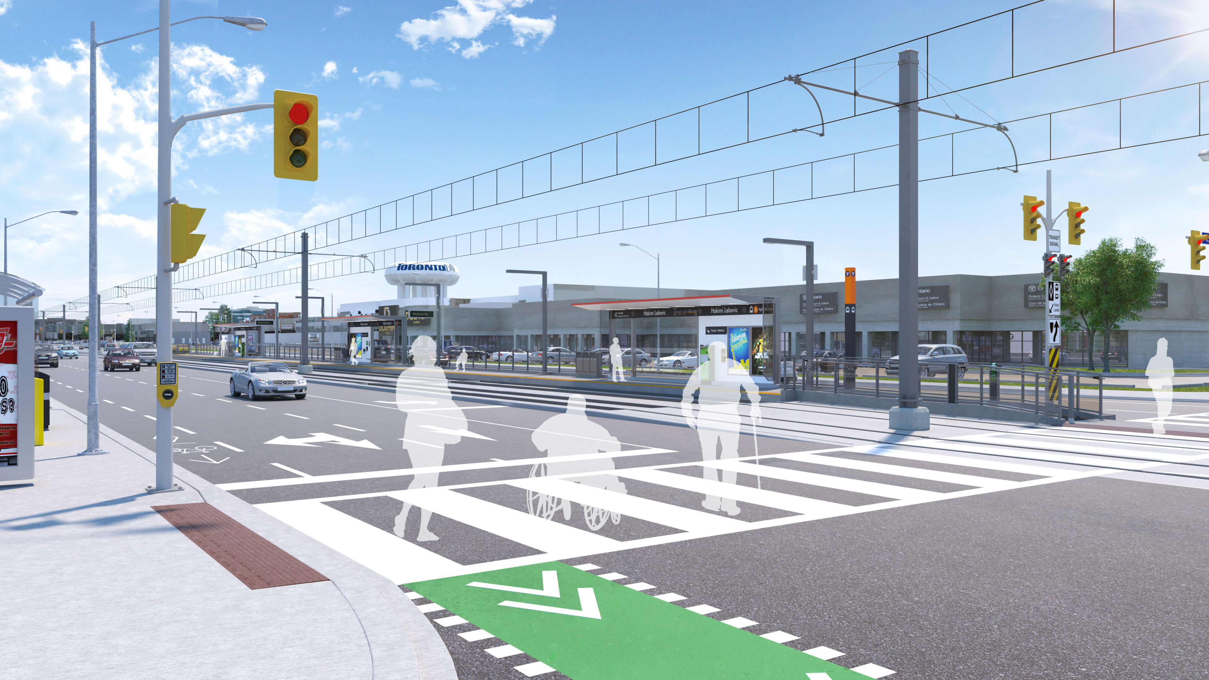 An artist concept shows customers crossing the road to get to the LRT stop.