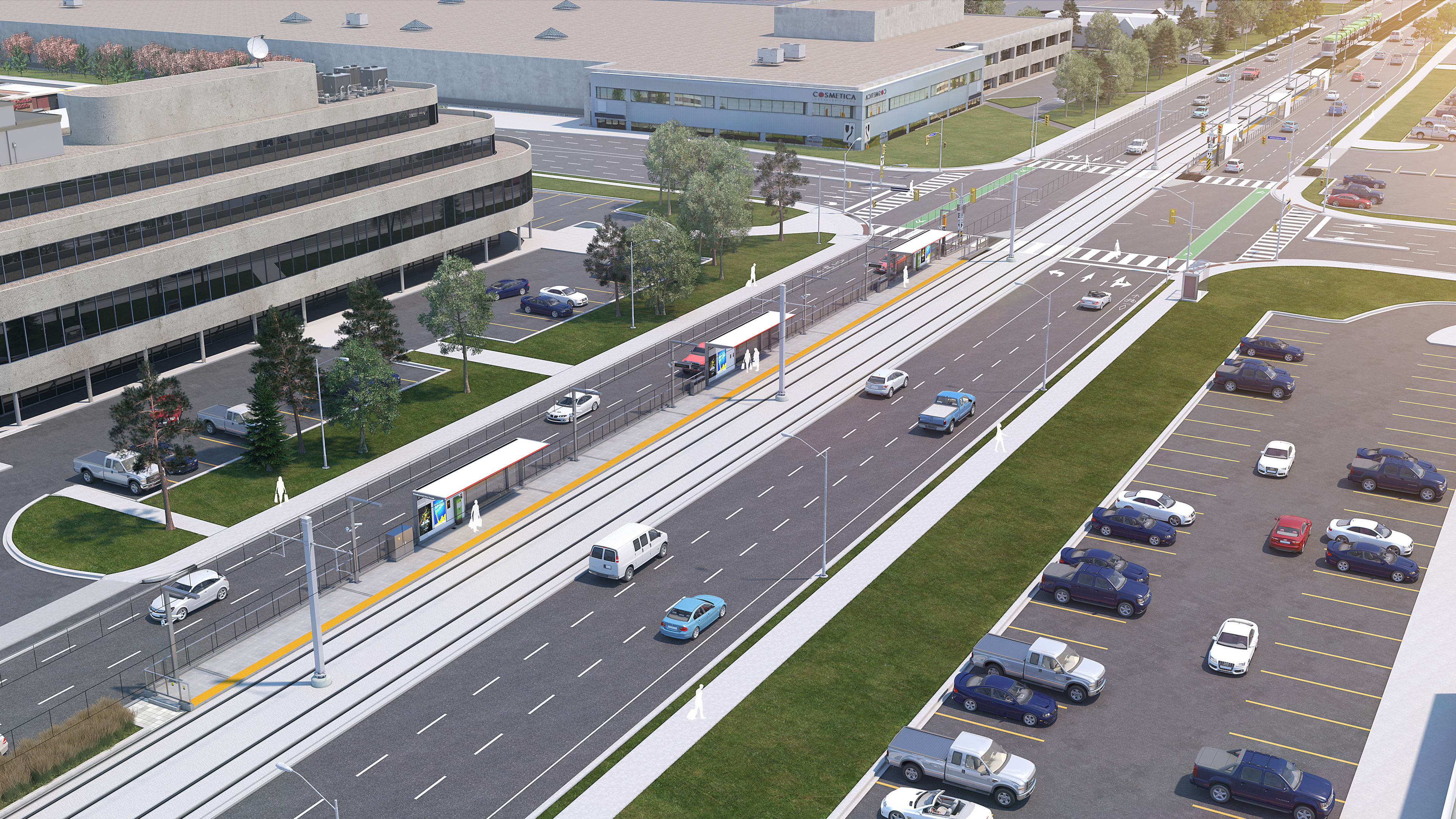 Looking down at an artist concept of the Golden Mile stop, cars continue on either side of the Go...