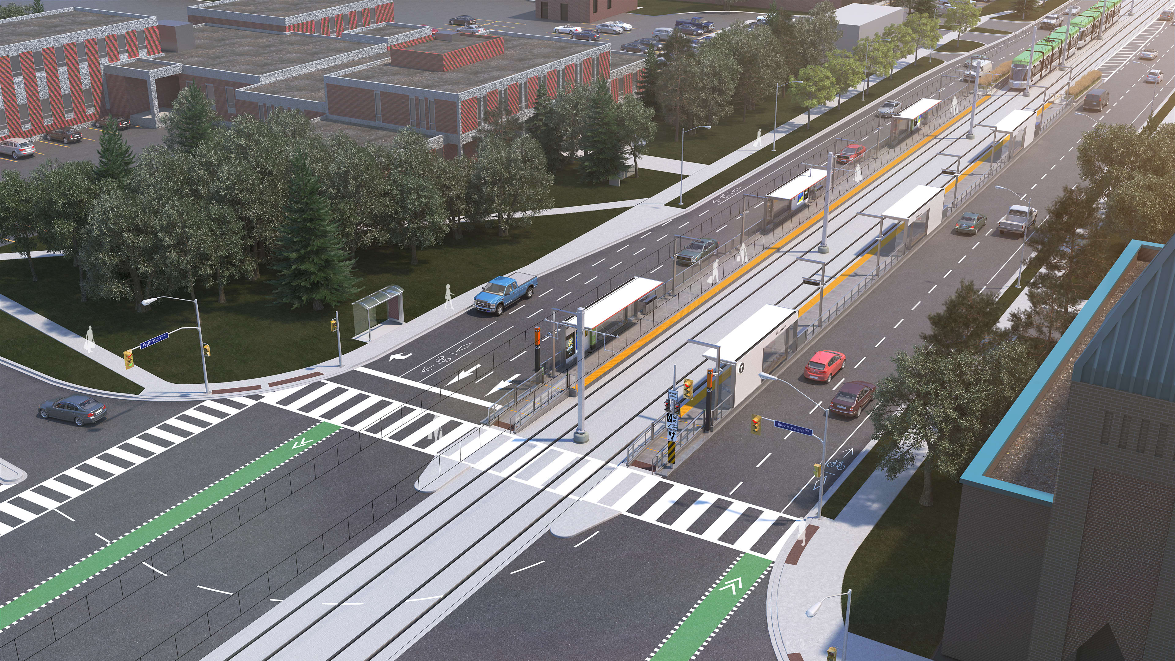 The artist rendering looks down at the surface stop, with an approaching light rail transit vehic...