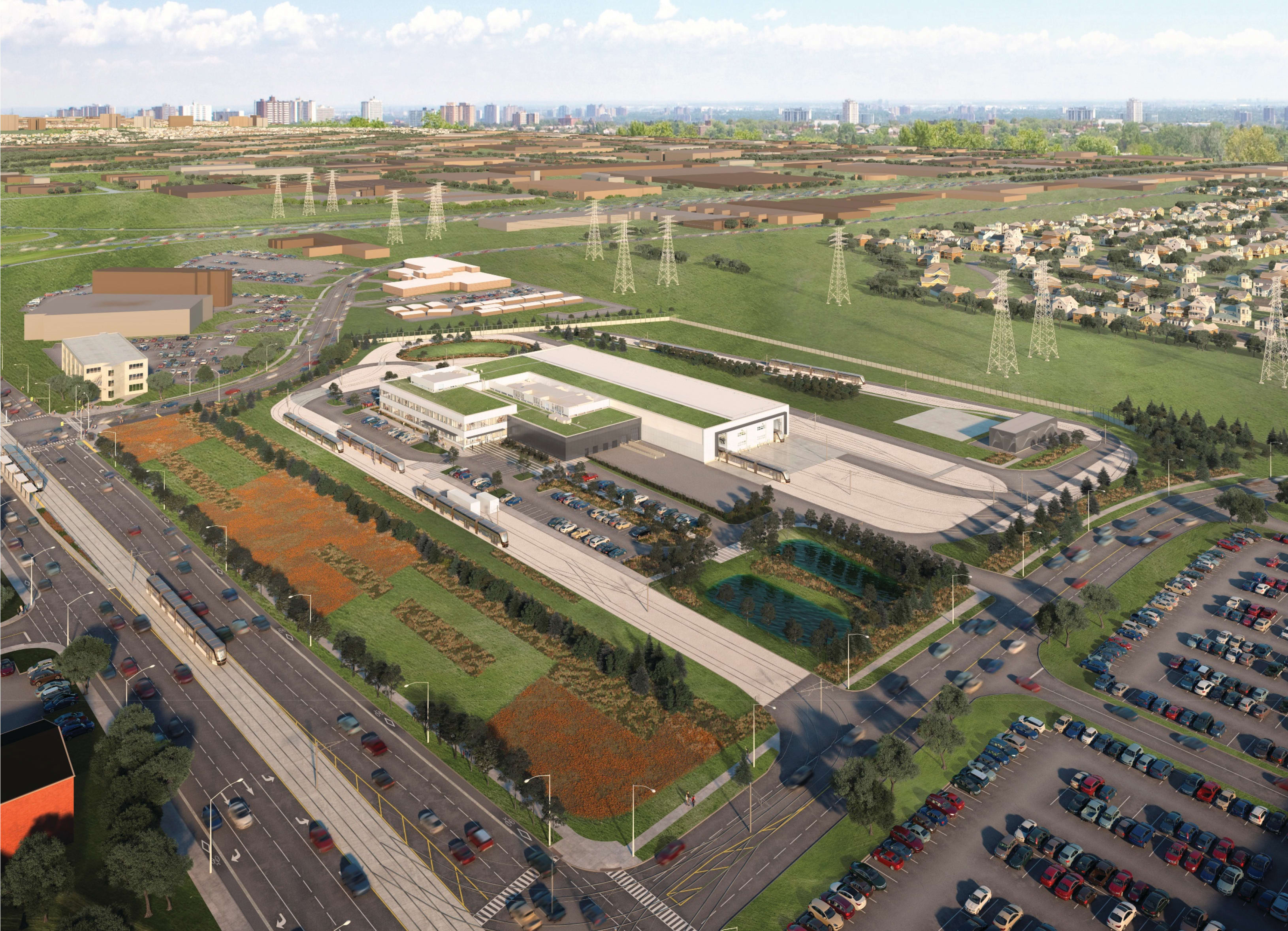 Rendering shows a large facility, next to green space and local roadways.