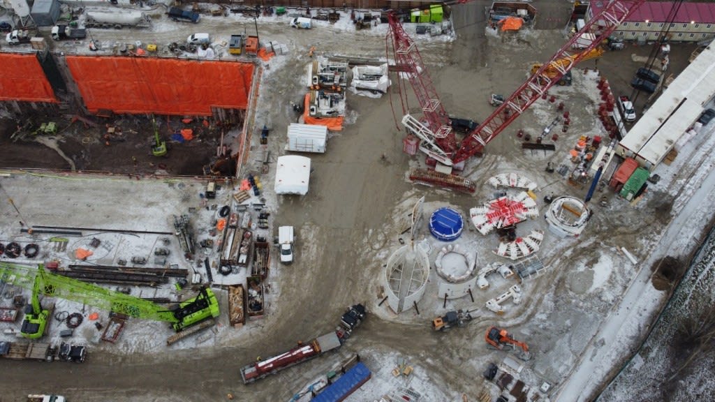 Aerial view of excavation and TBM assembly at the Scarborough Subway Extension launch shaft site