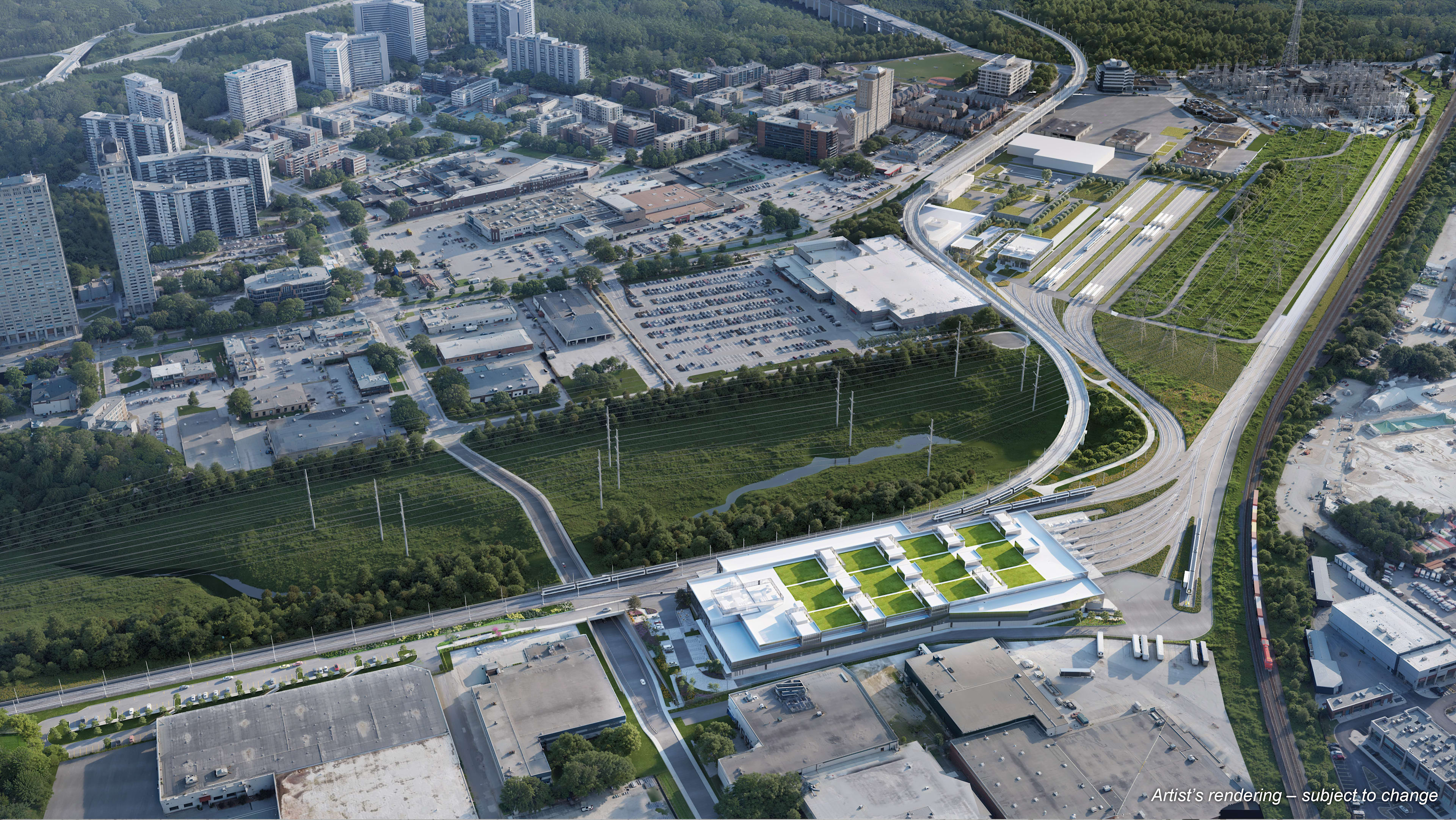 Renderings of the Ontario Line's future operations, maintenance and storage facility