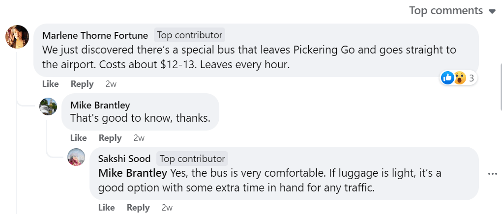 Facebook users comment on GO Bus service between Pickering and Pearson Airport.