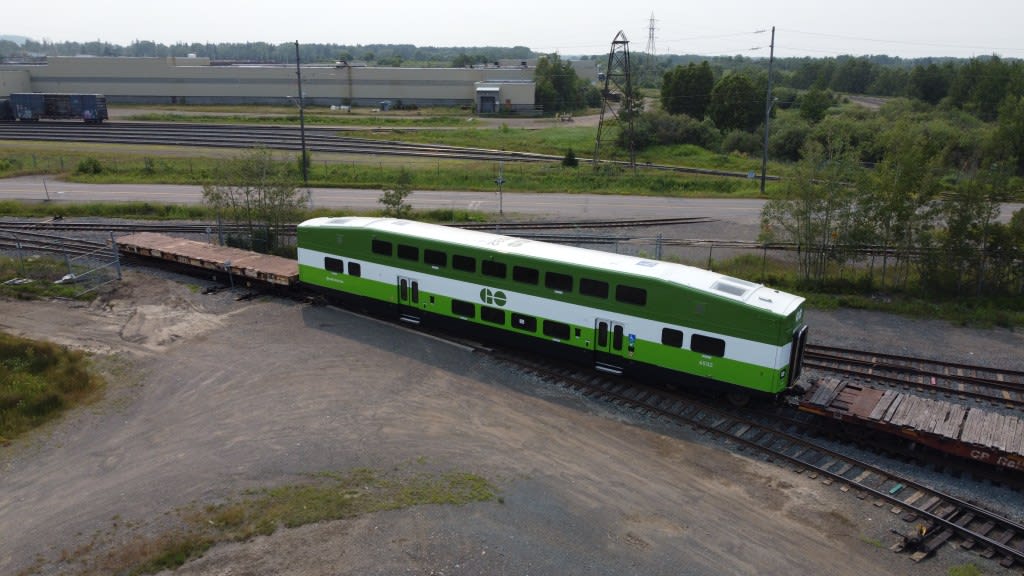The last bi-level GO train on the tracks near Thunder Bay