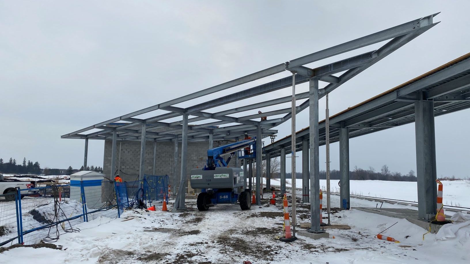 Structural steel for the entrance canopy is installed at Old Elm GO Station