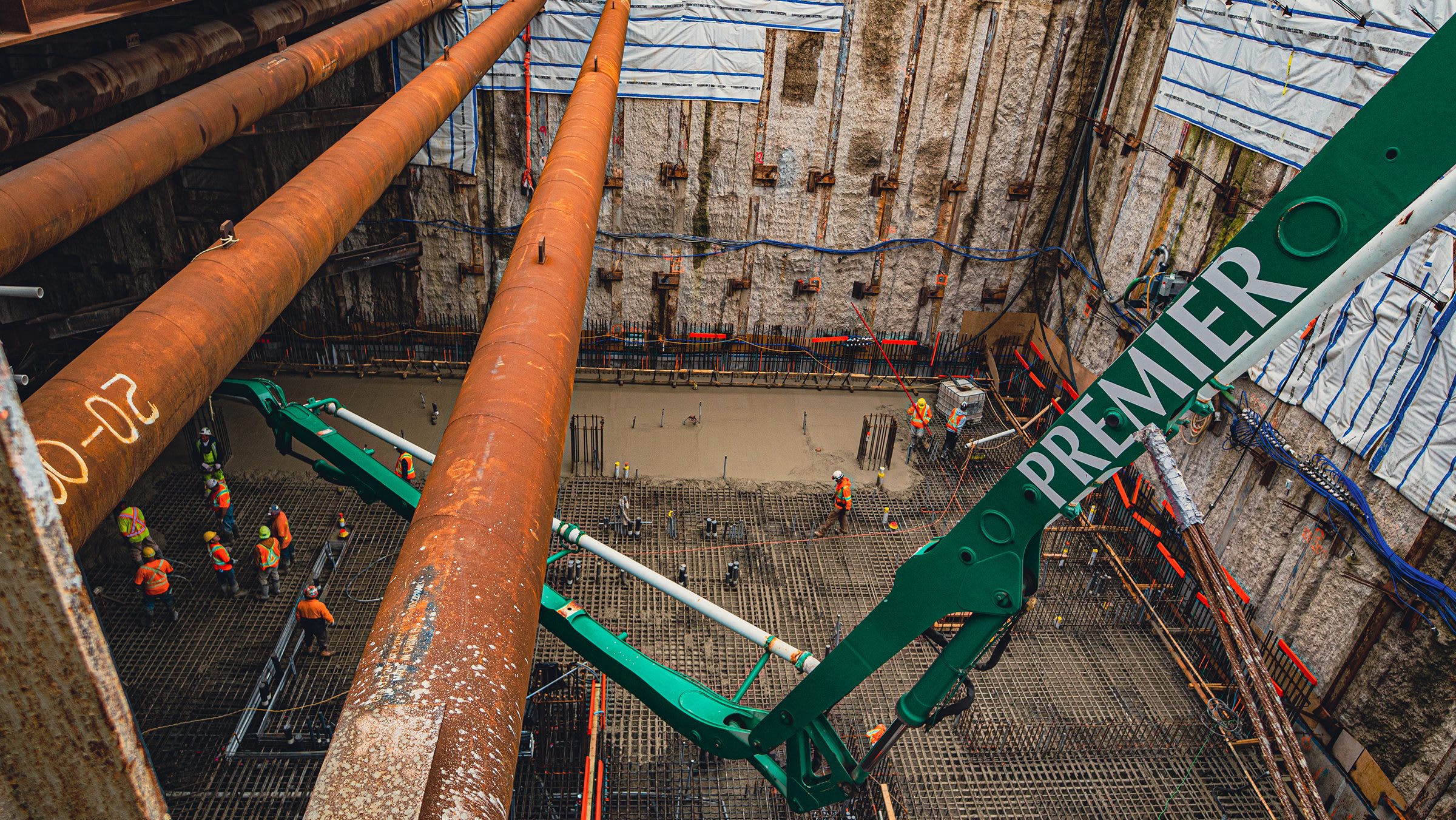 An aerial shot of the major concrete pour for the Finch West LRT in west Toronto