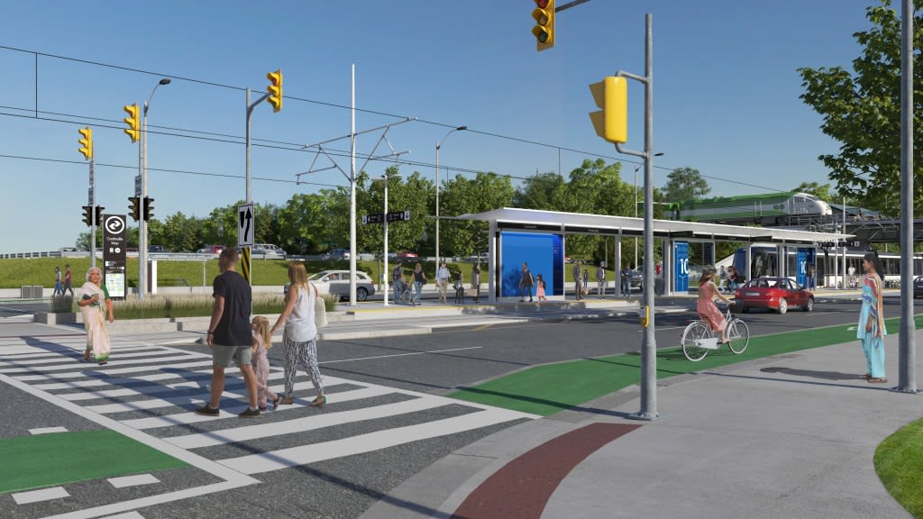 Artist's rendering of the Hurontario LRT route with the Lakeshore West GO tracks in the background