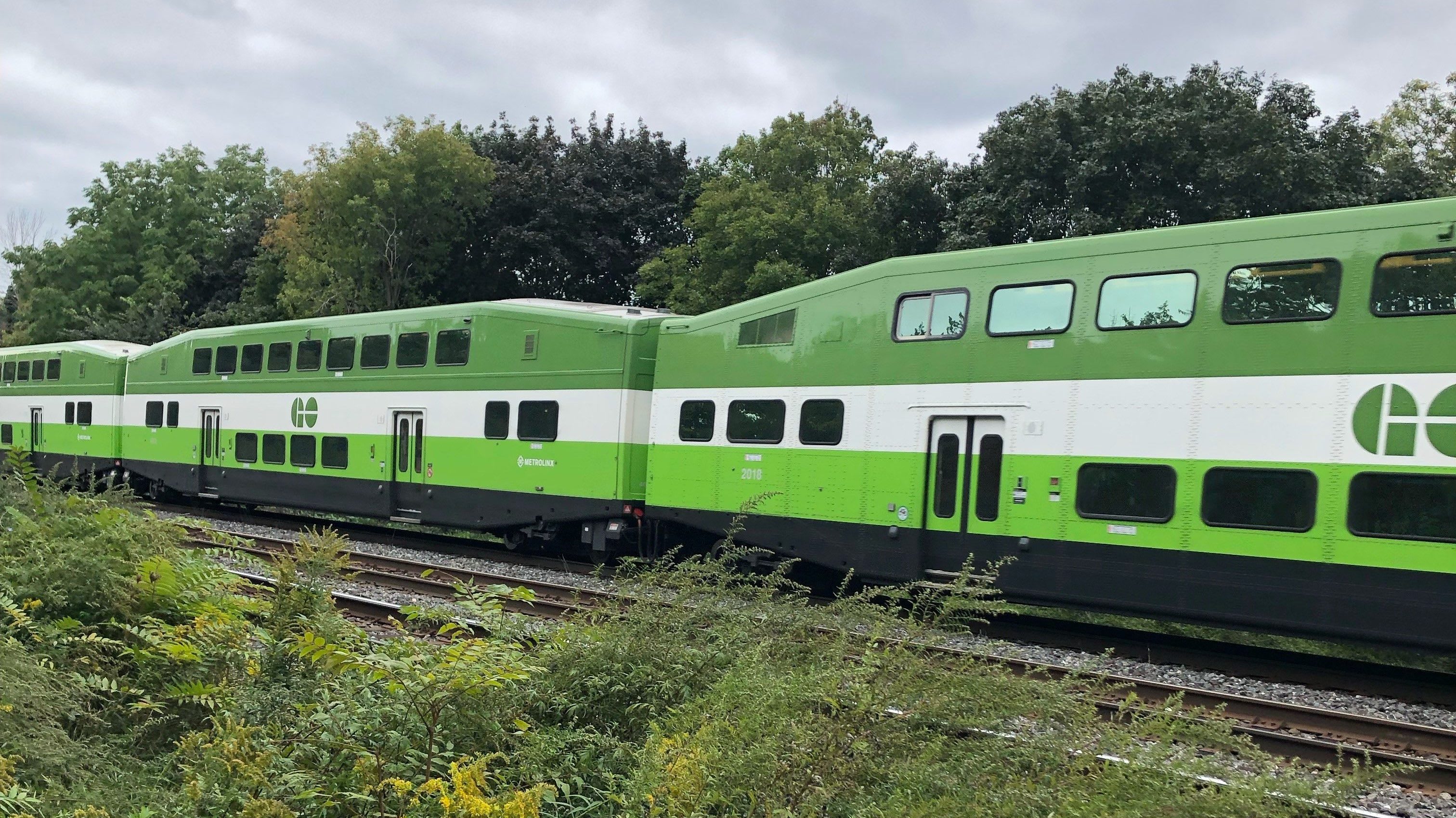 A GO Train moving along the tracks