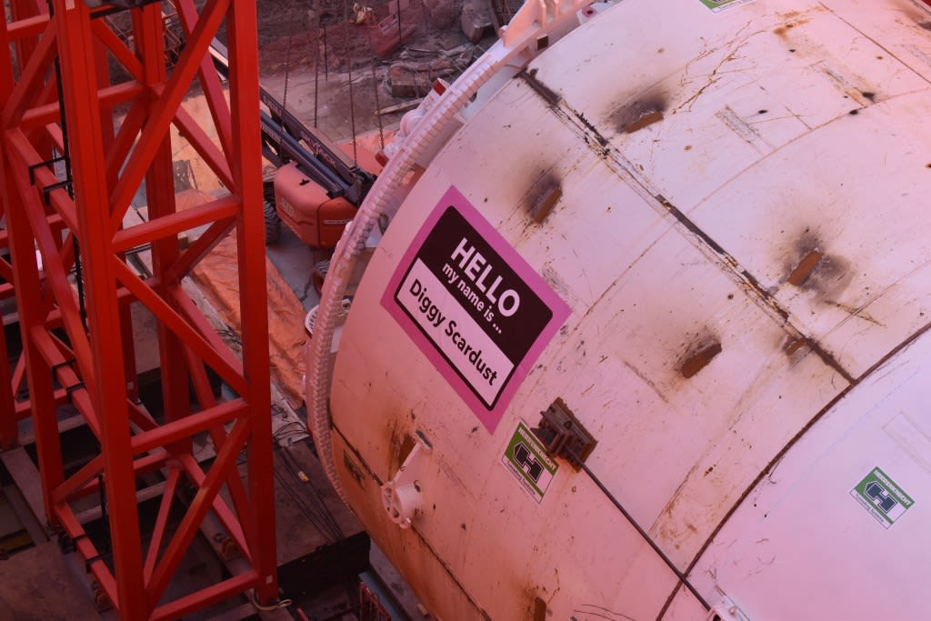 A close-up shot of the tunnel boring machine with it's catchy nametag