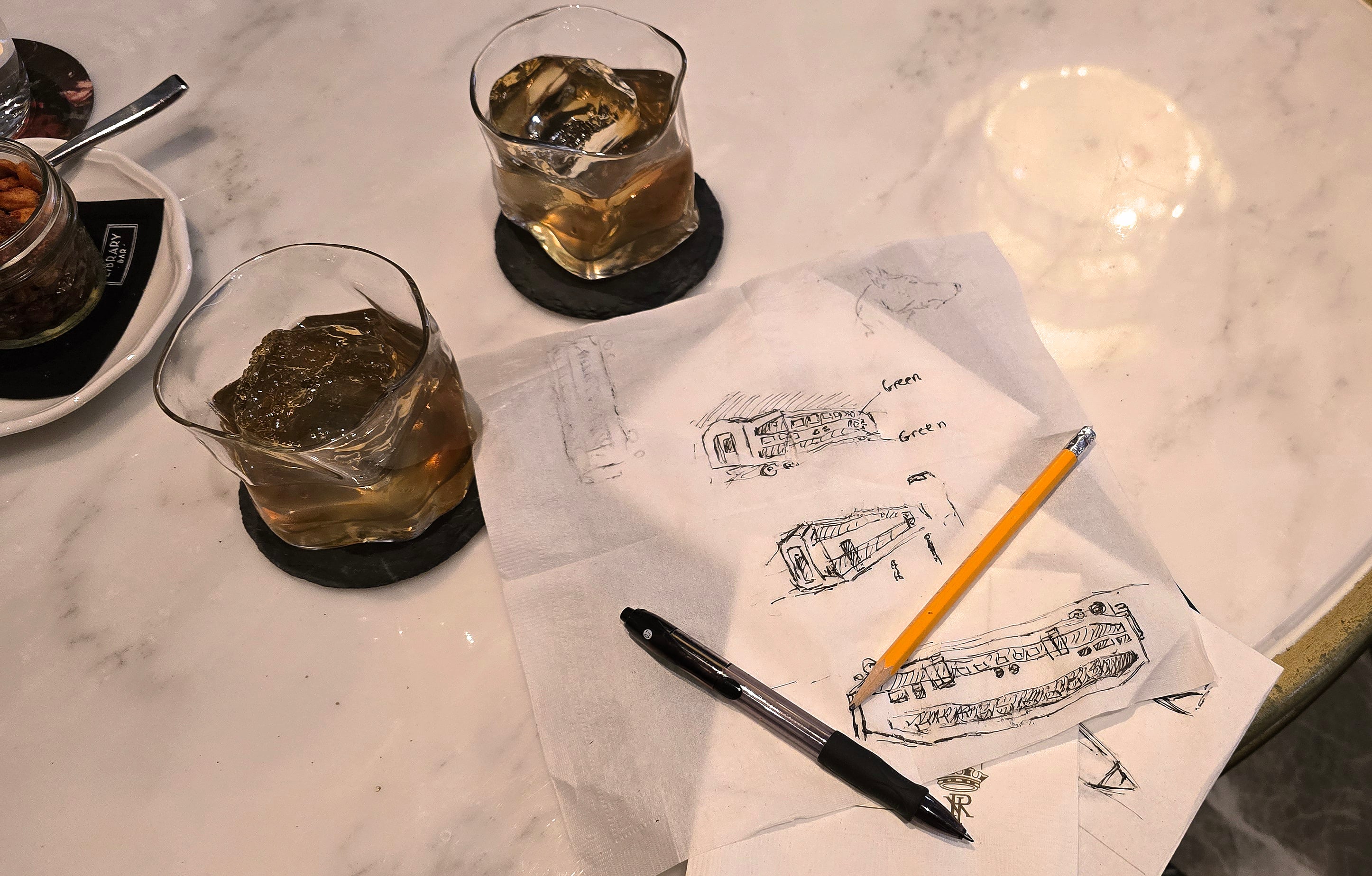 Bilevel coach napkin sketch